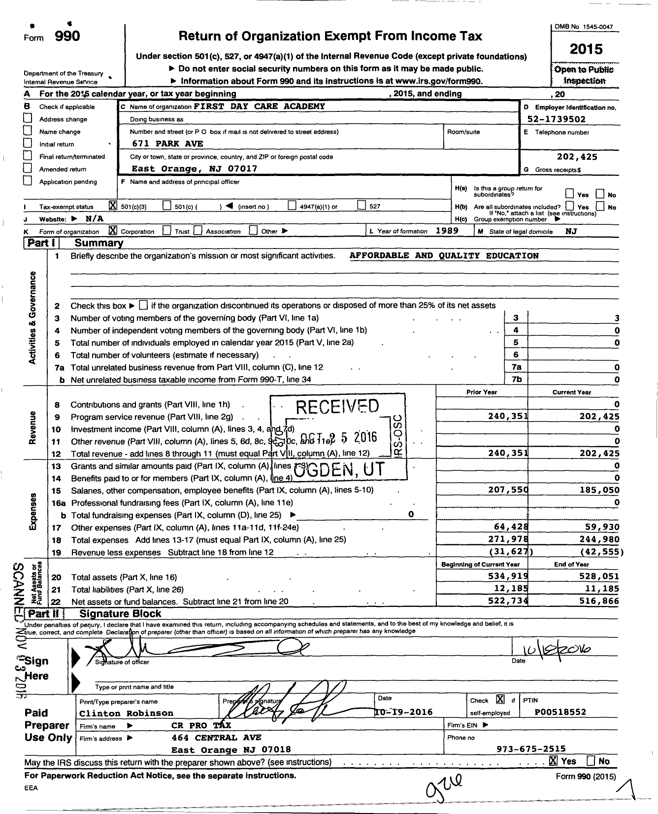 Image of first page of 2015 Form 990 for First Day Care Academy