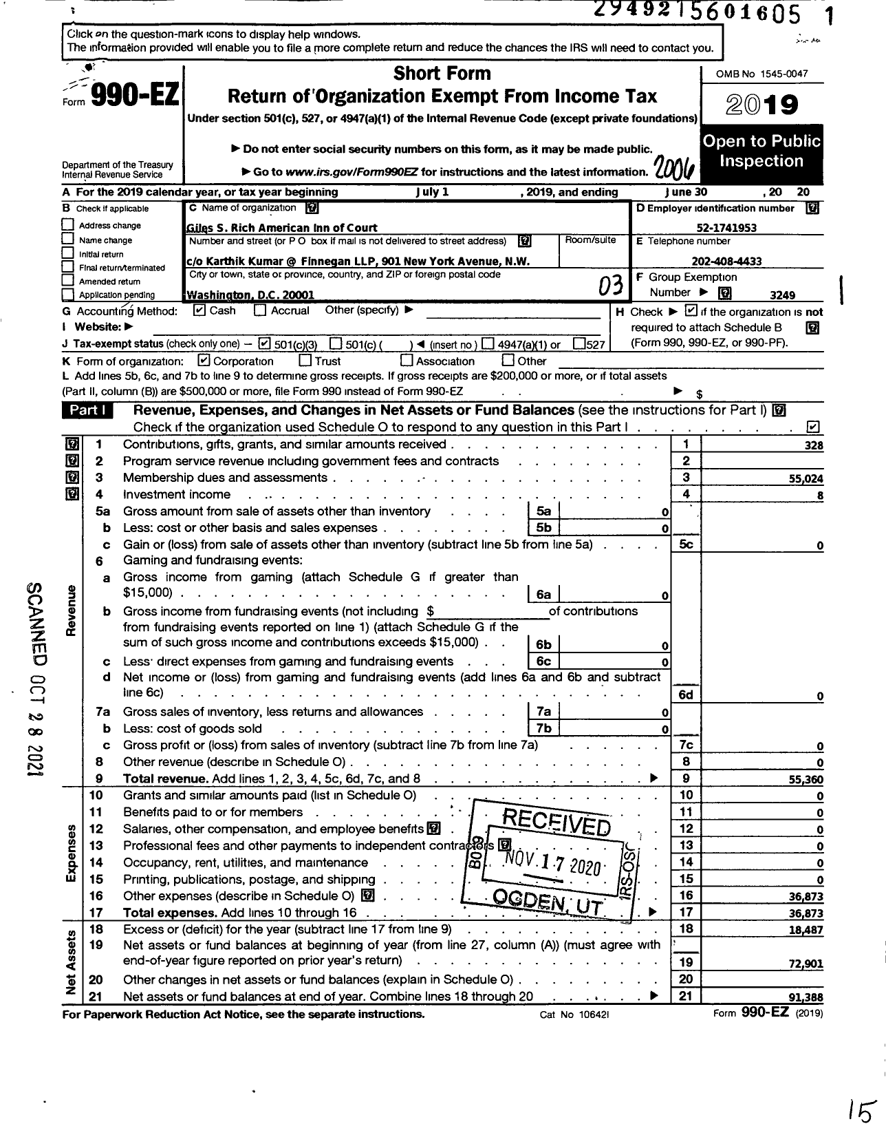 Image of first page of 2019 Form 990EZ for American Inns of Court Foundation - 30145 Giles S Rich Chapter