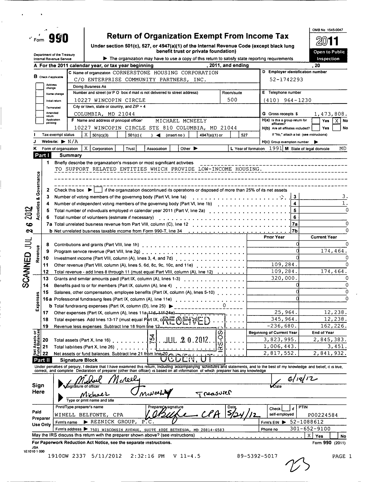 Image of first page of 2011 Form 990 for Cornerstone Housing CorporationCO Enterprise Community Partners