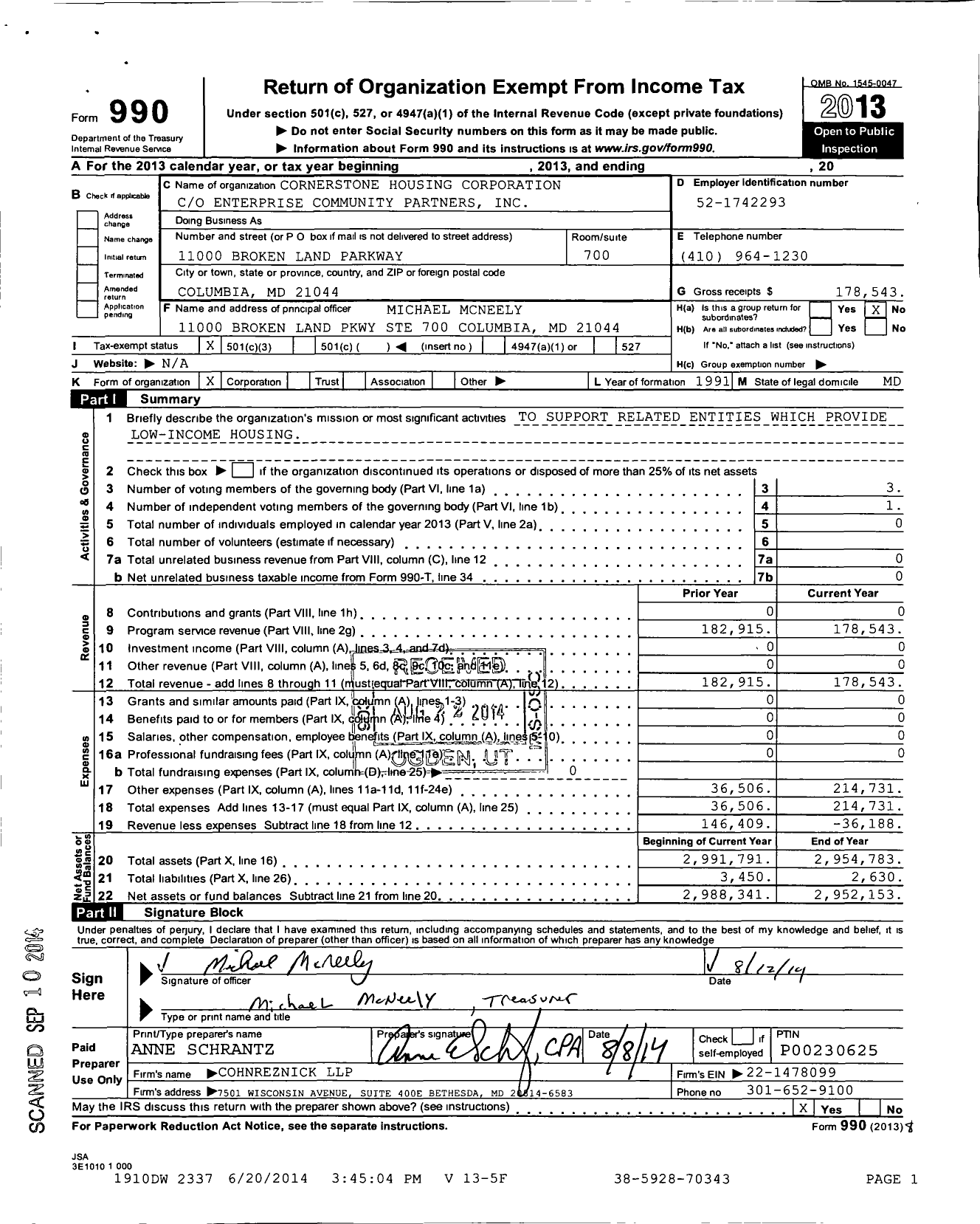 Image of first page of 2013 Form 990 for Cornerstone Housing CorporationCO Enterprise Community Partners