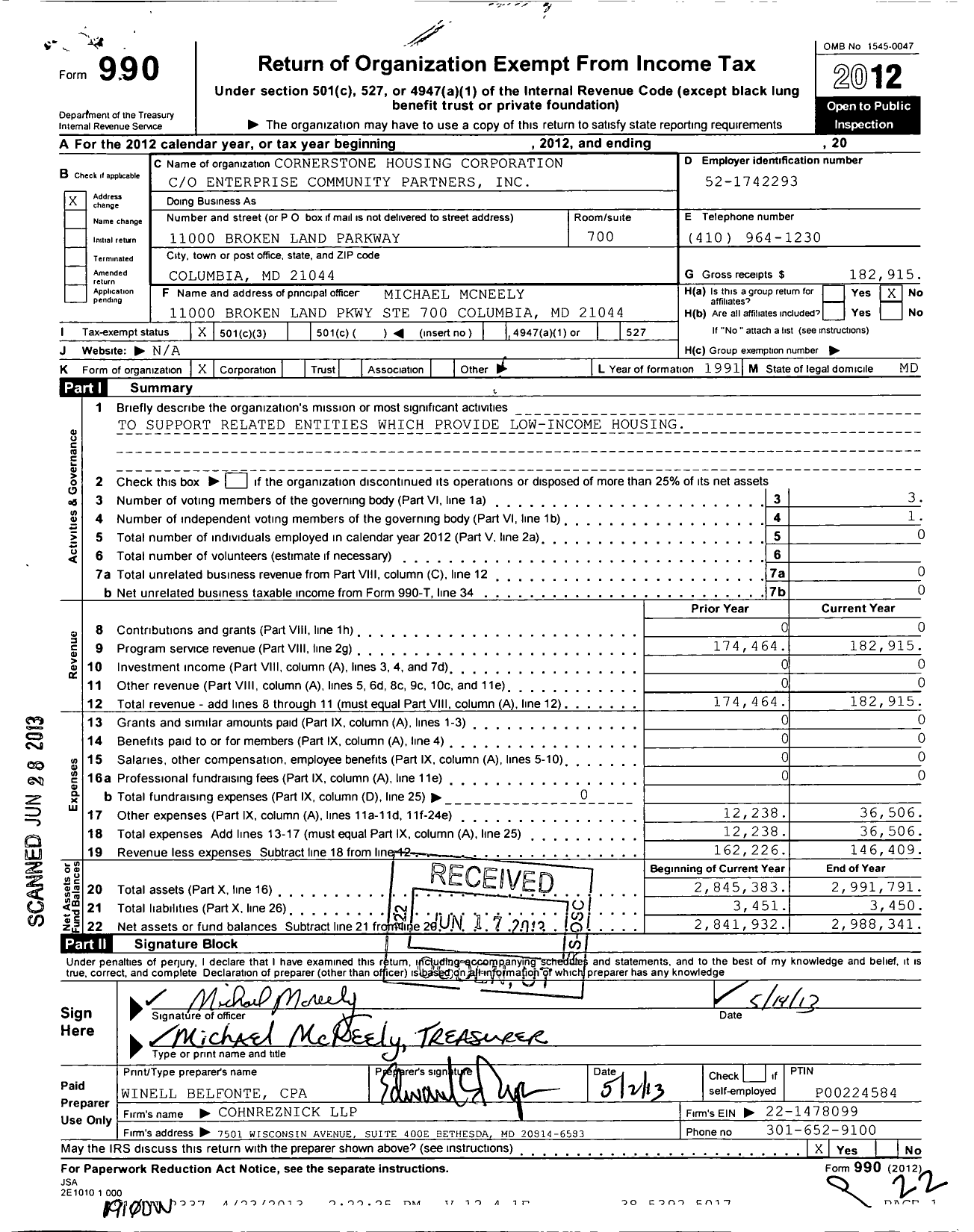 Image of first page of 2012 Form 990 for Cornerstone Housing CorporationCO Enterprise Community Partners