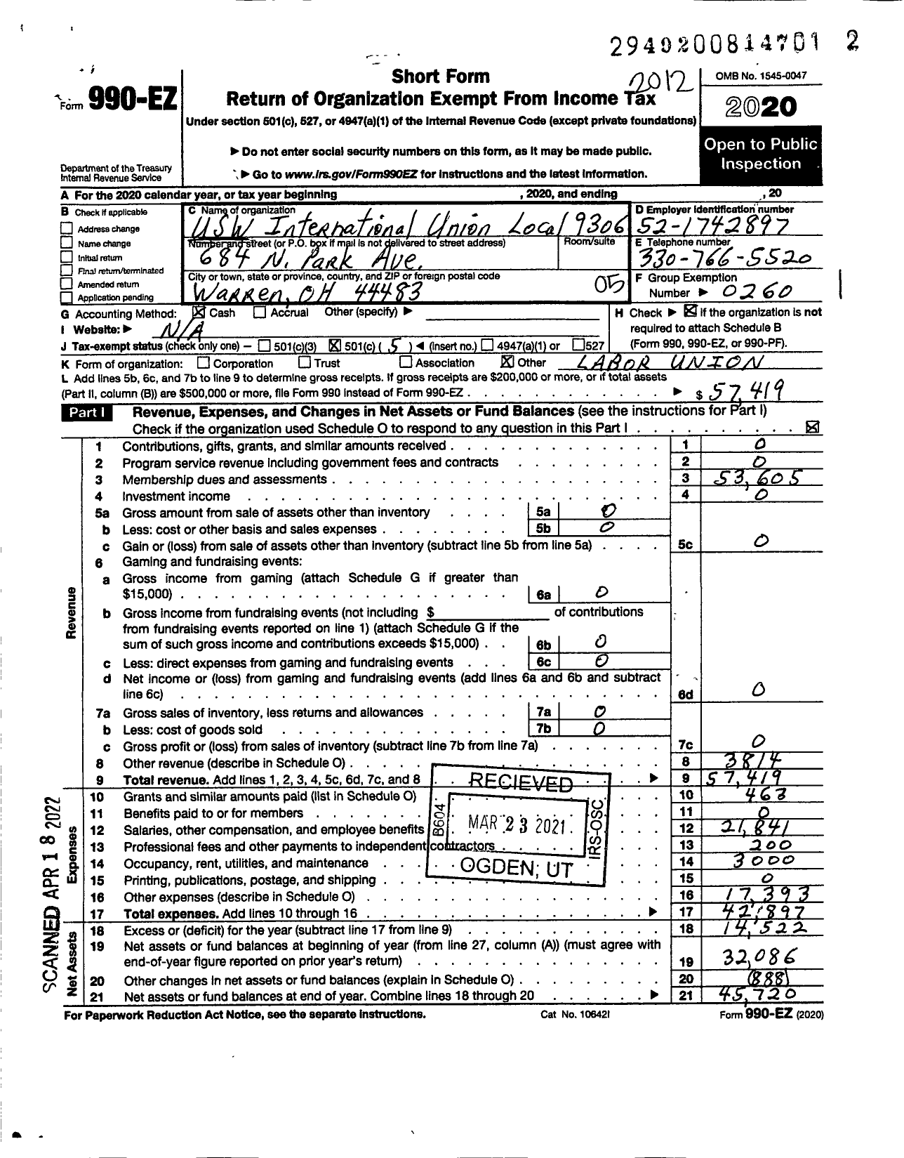 Image of first page of 2020 Form 990EO for United Steelworkers - 09306 Local