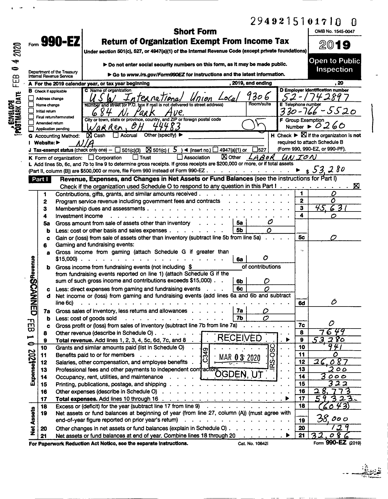 Image of first page of 2019 Form 990EO for United Steelworkers - 09306 Local