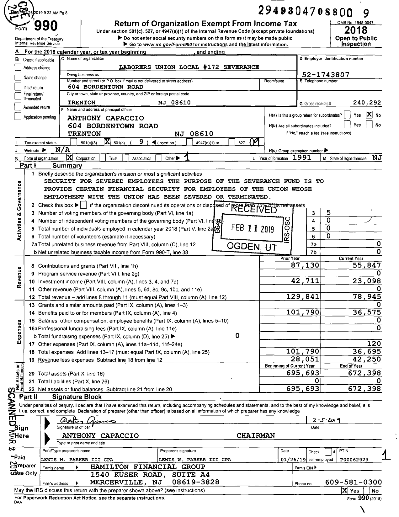 Image of first page of 2018 Form 990O for Laborers Union Local 172 Severance Fund