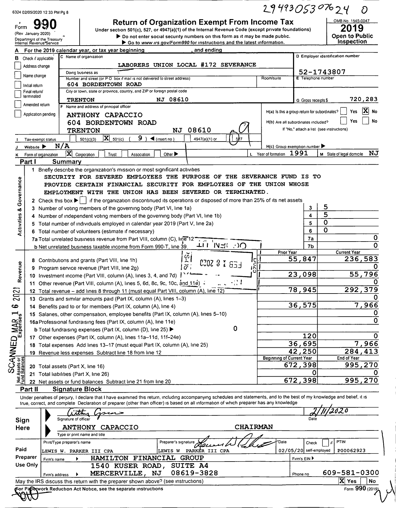 Image of first page of 2019 Form 990O for Laborers Union Local 172 Severance Fund