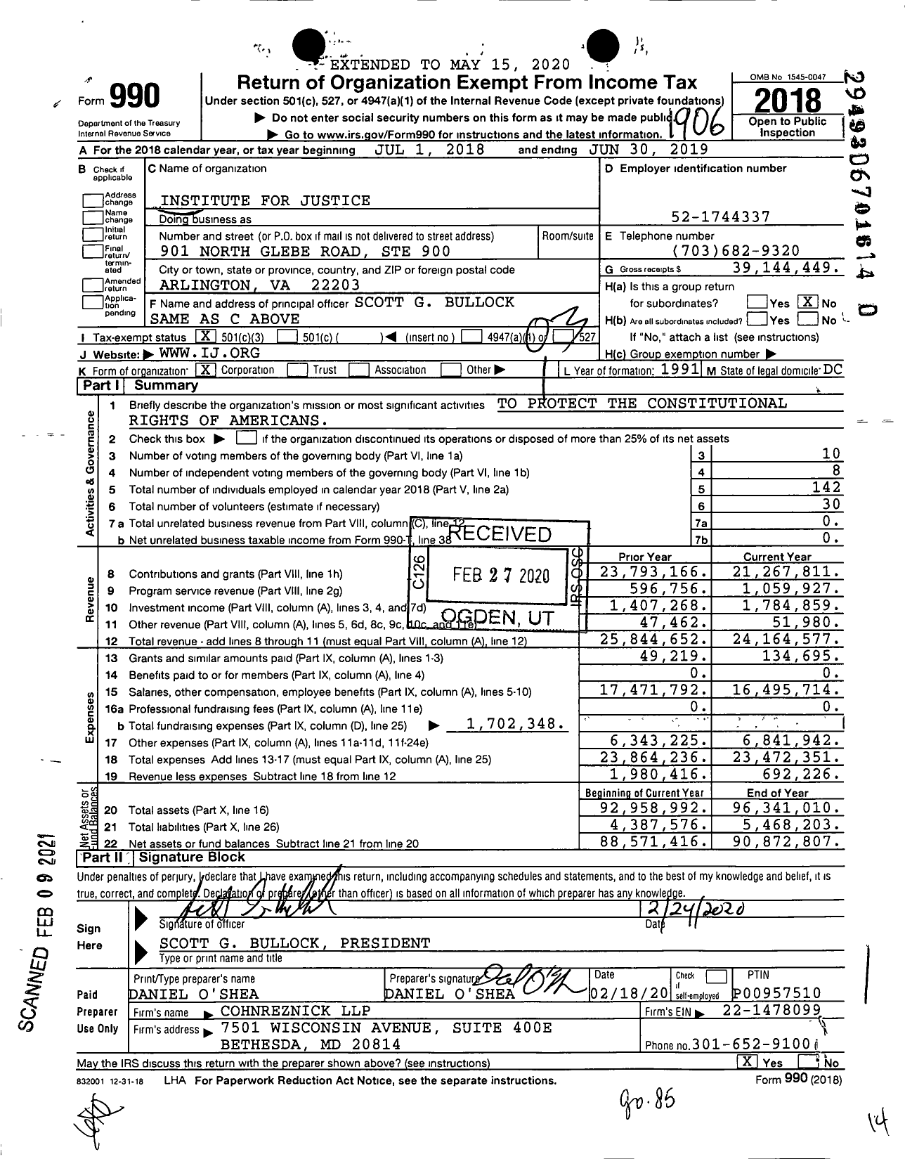 Image of first page of 2018 Form 990 for Institute for Justice
