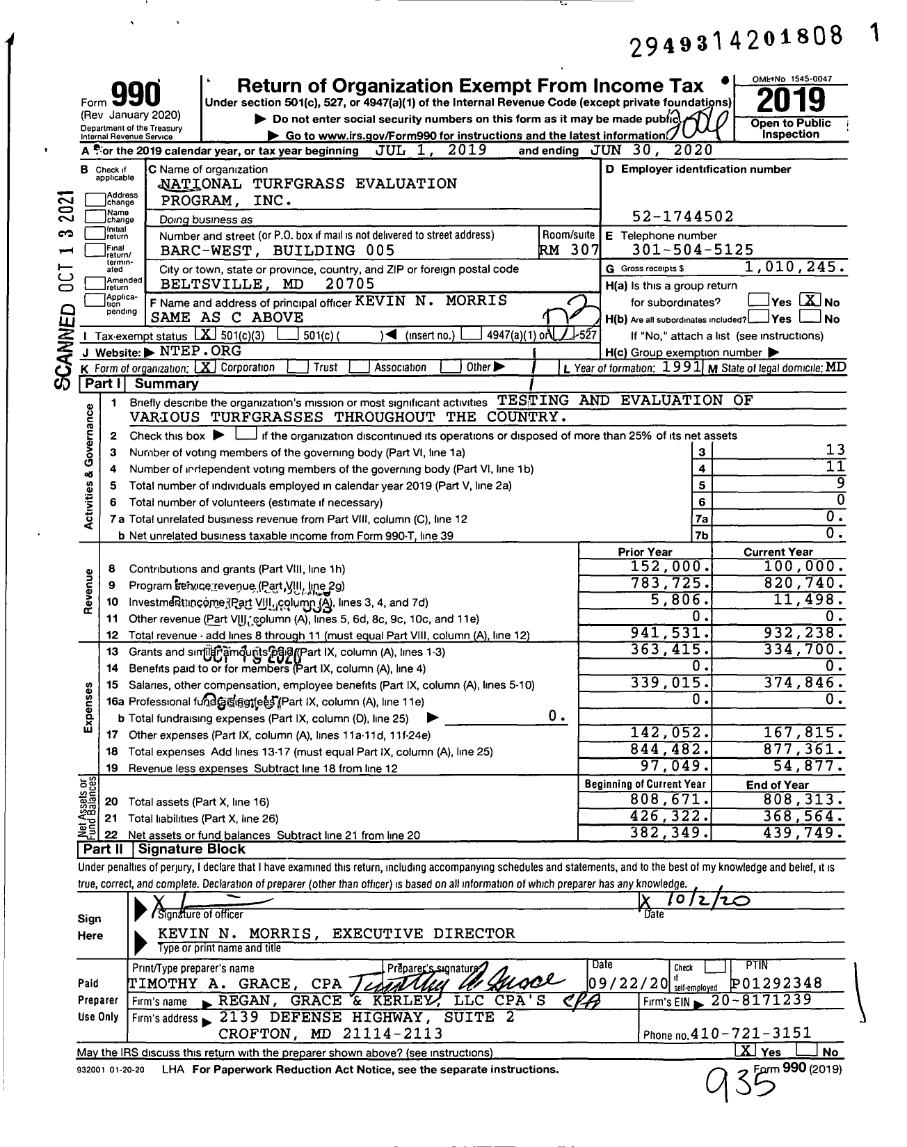 Image of first page of 2019 Form 990 for National Turfgrass Evaluation Program (NTEP)