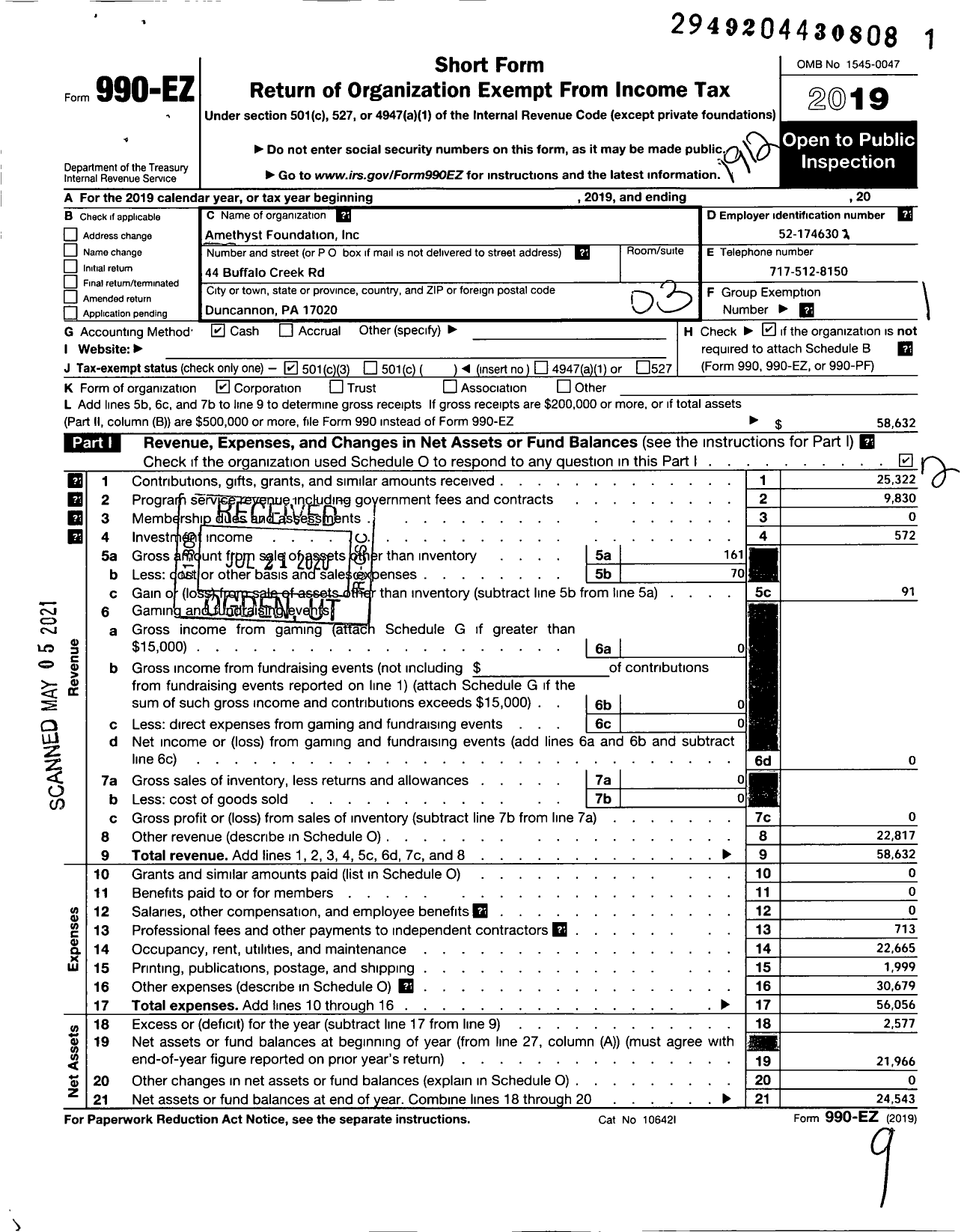 Image of first page of 2019 Form 990EZ for Amethyst Foundation