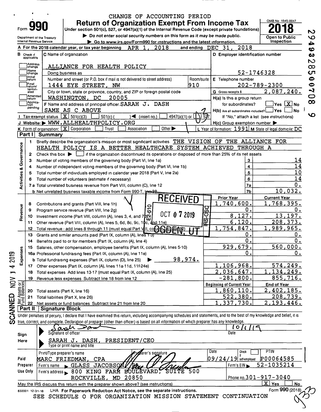 Image of first page of 2018 Form 990 for Alliance for Health Policy