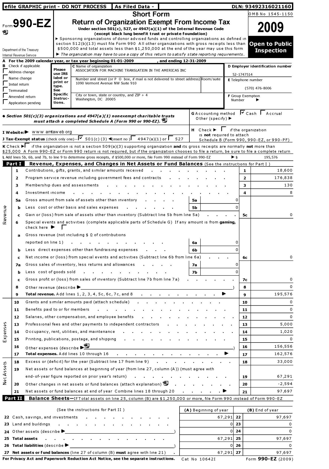 Image of first page of 2009 Form 990EZ for Association for Machine Translation in the Americas