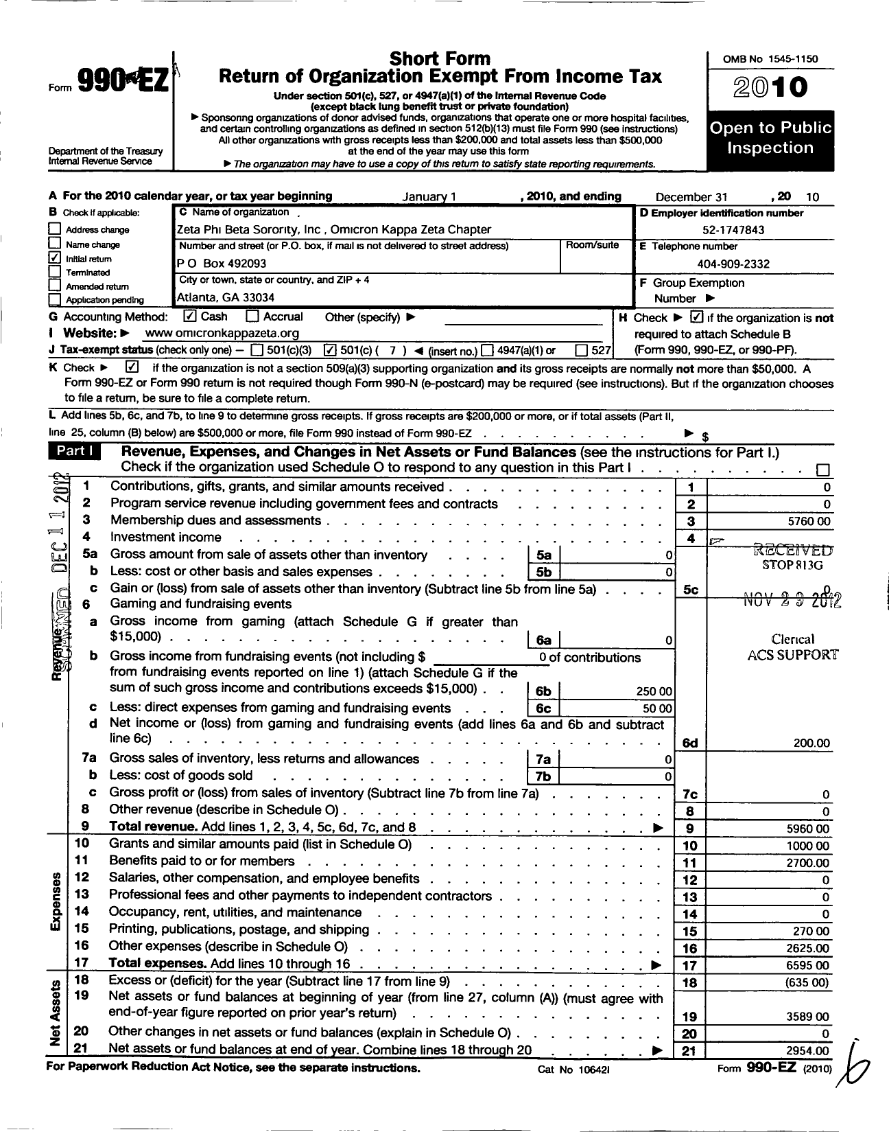 Image of first page of 2010 Form 990EO for Zeta Phi Beta Sorority / Omicron Kappa Zeta