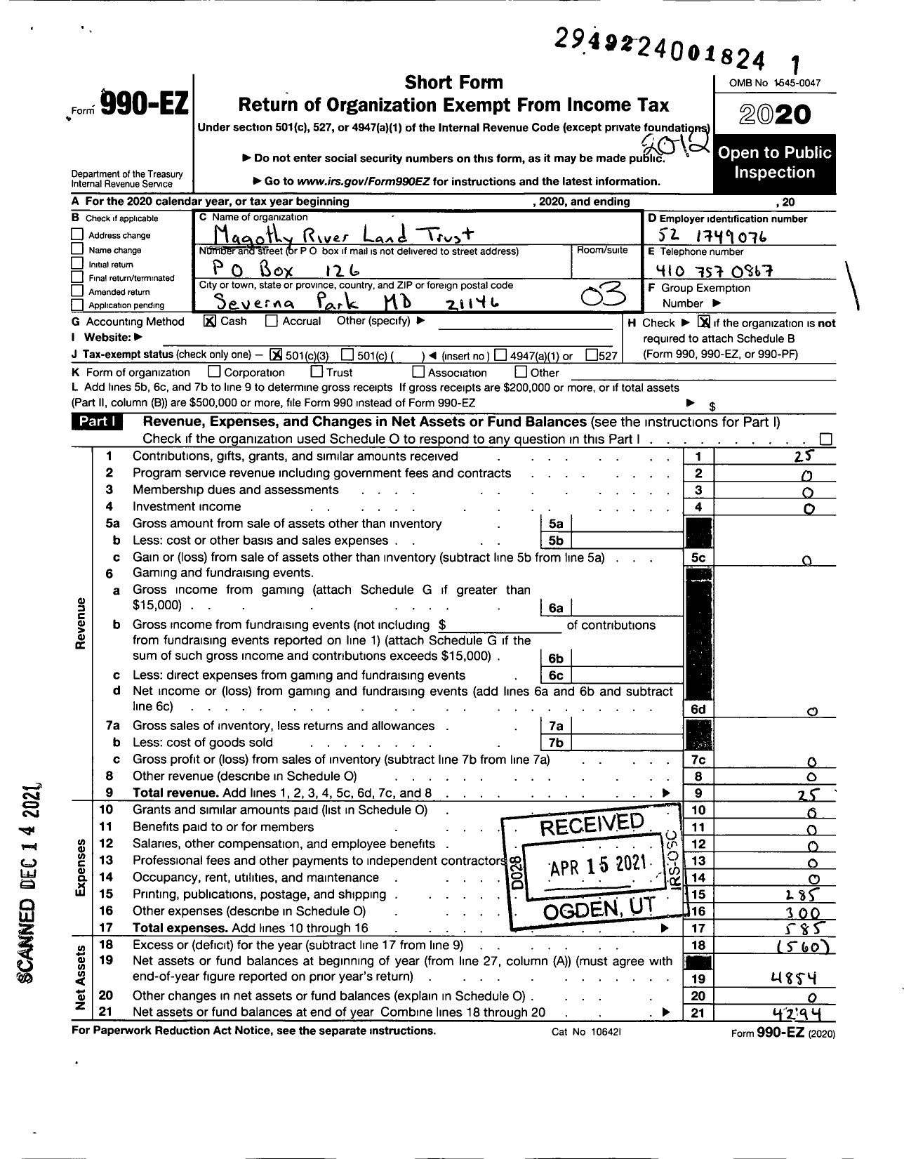 Image of first page of 2020 Form 990EZ for Magothy River Land Trust