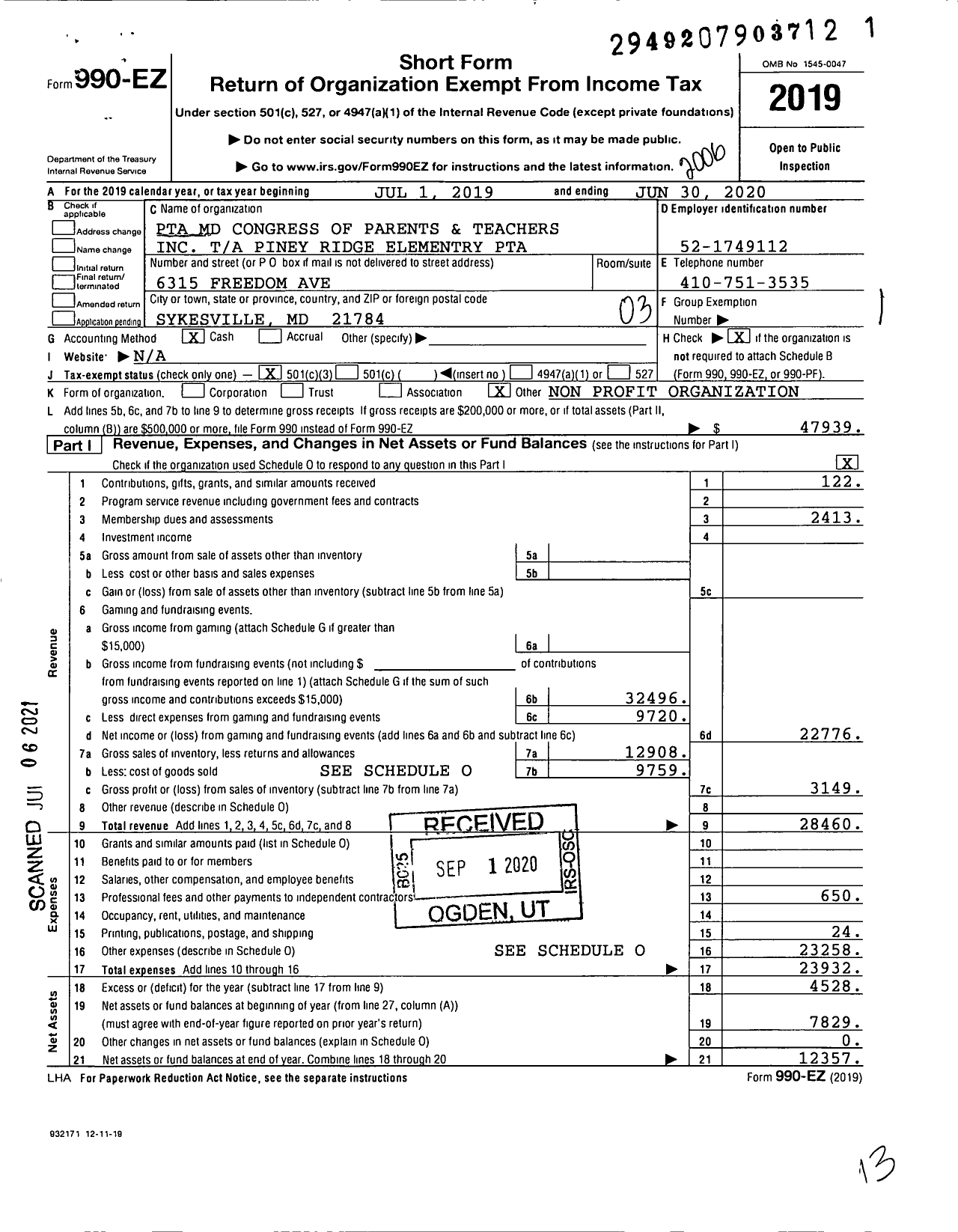 Image of first page of 2019 Form 990EZ for PINEY RIDGE Elementry PTA