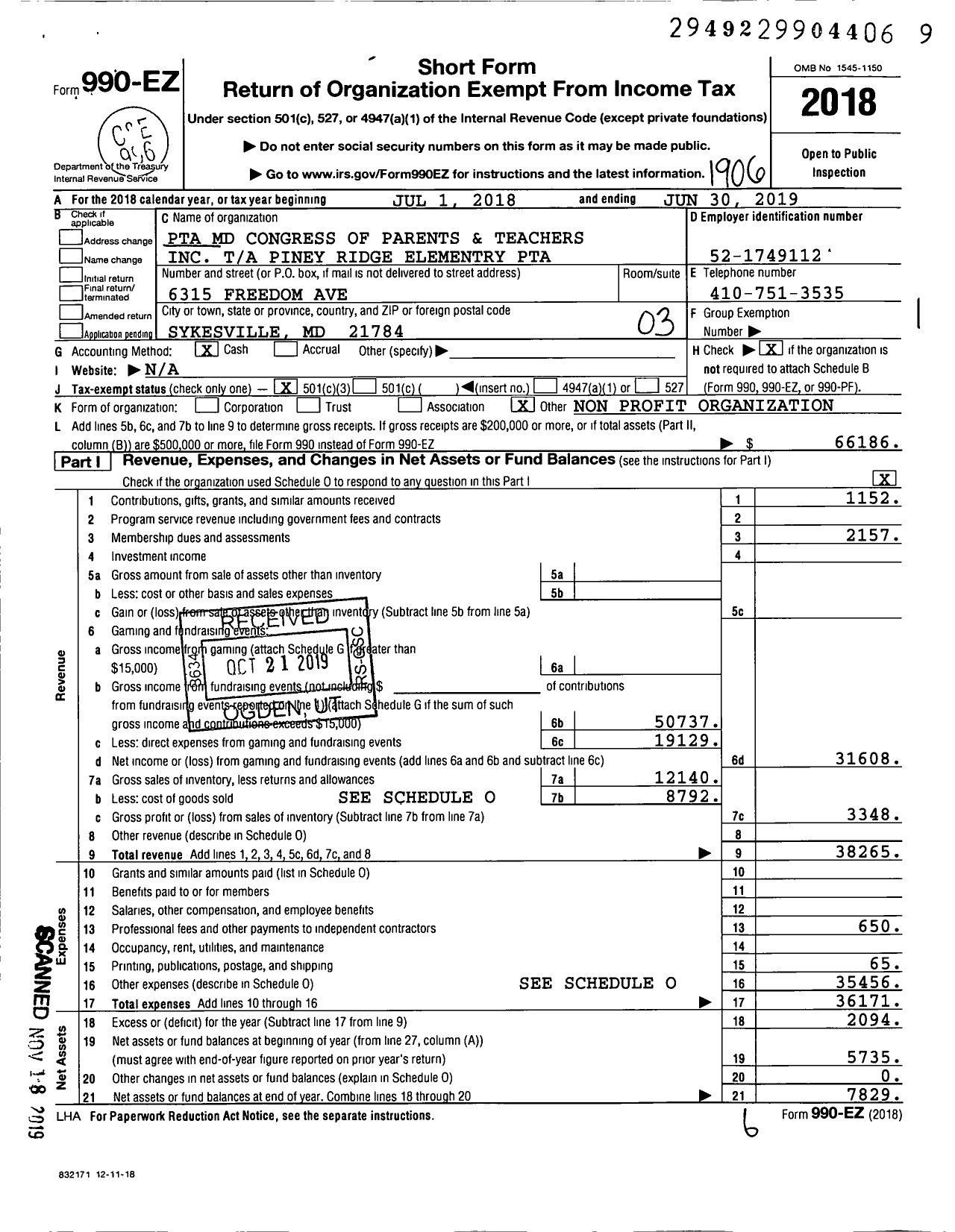 Image of first page of 2018 Form 990EZ for PINEY RIDGE Elementry PTA