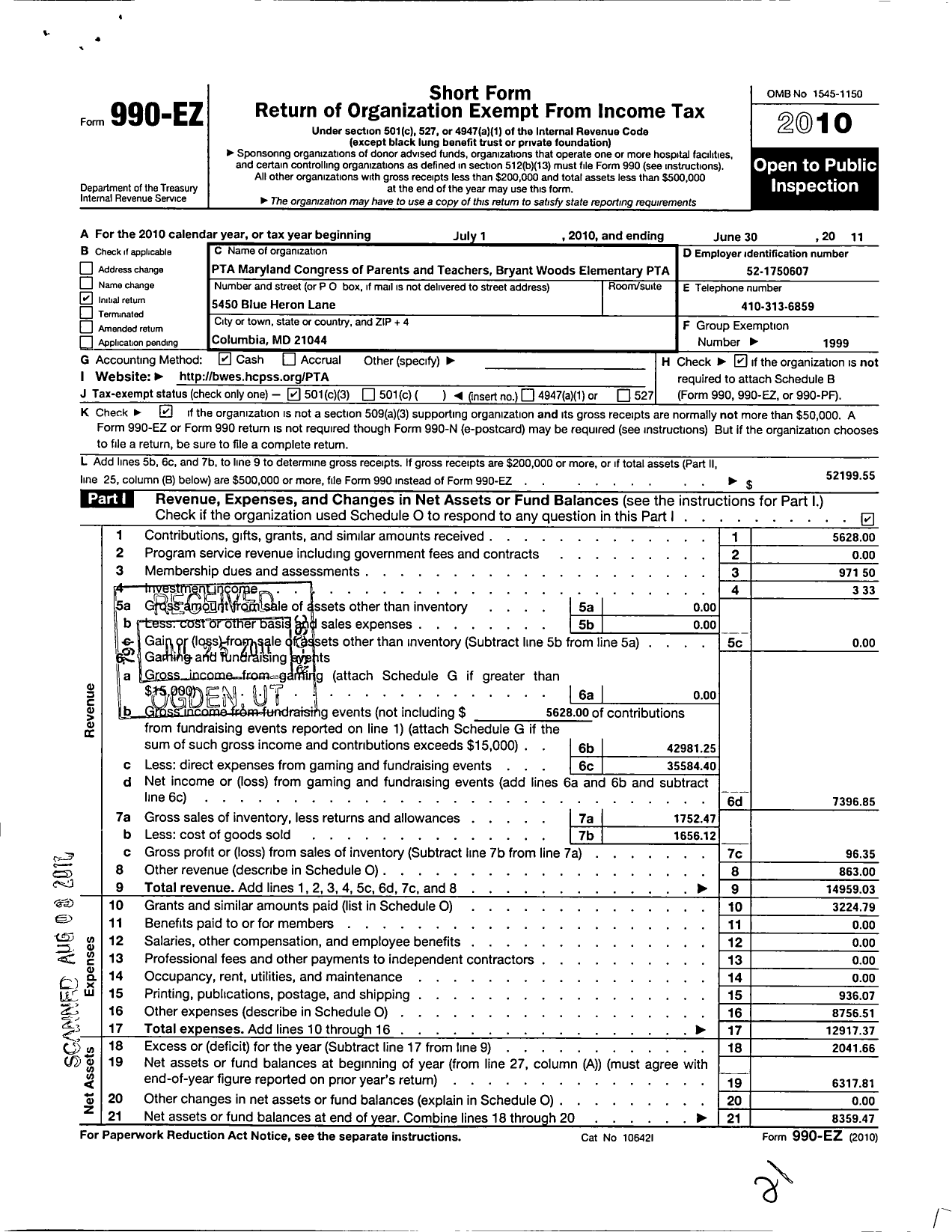 Image of first page of 2010 Form 990EZ for PTA Delaware Congress / Bryant Woods Elementary School PTA