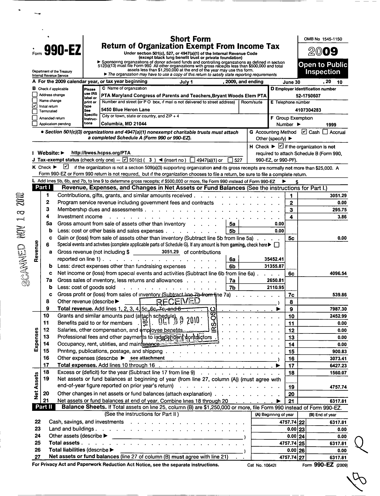 Image of first page of 2009 Form 990EZ for PTA Delaware Congress / Bryant Woods Elementary School PTA