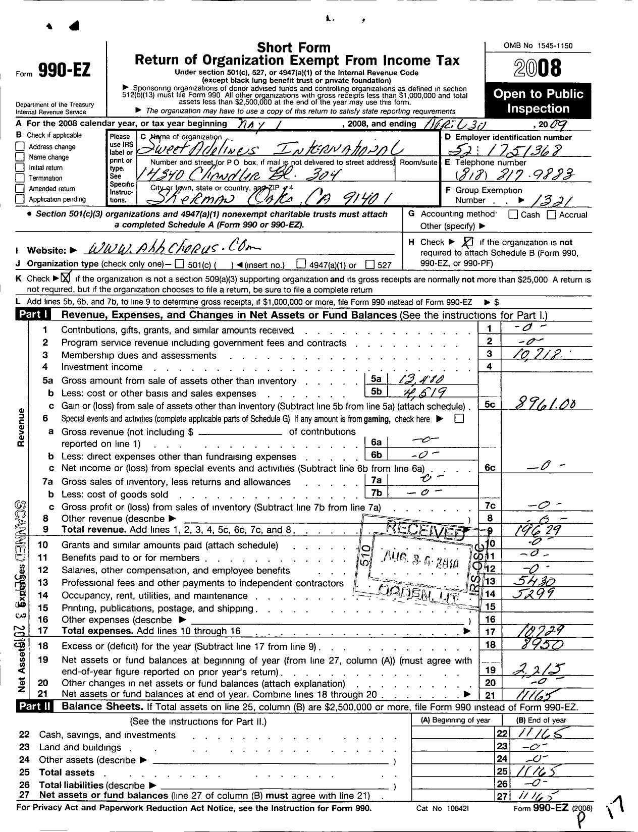 Image of first page of 2008 Form 990EO for Sweet Adelines International - Agoura Hills Harmony