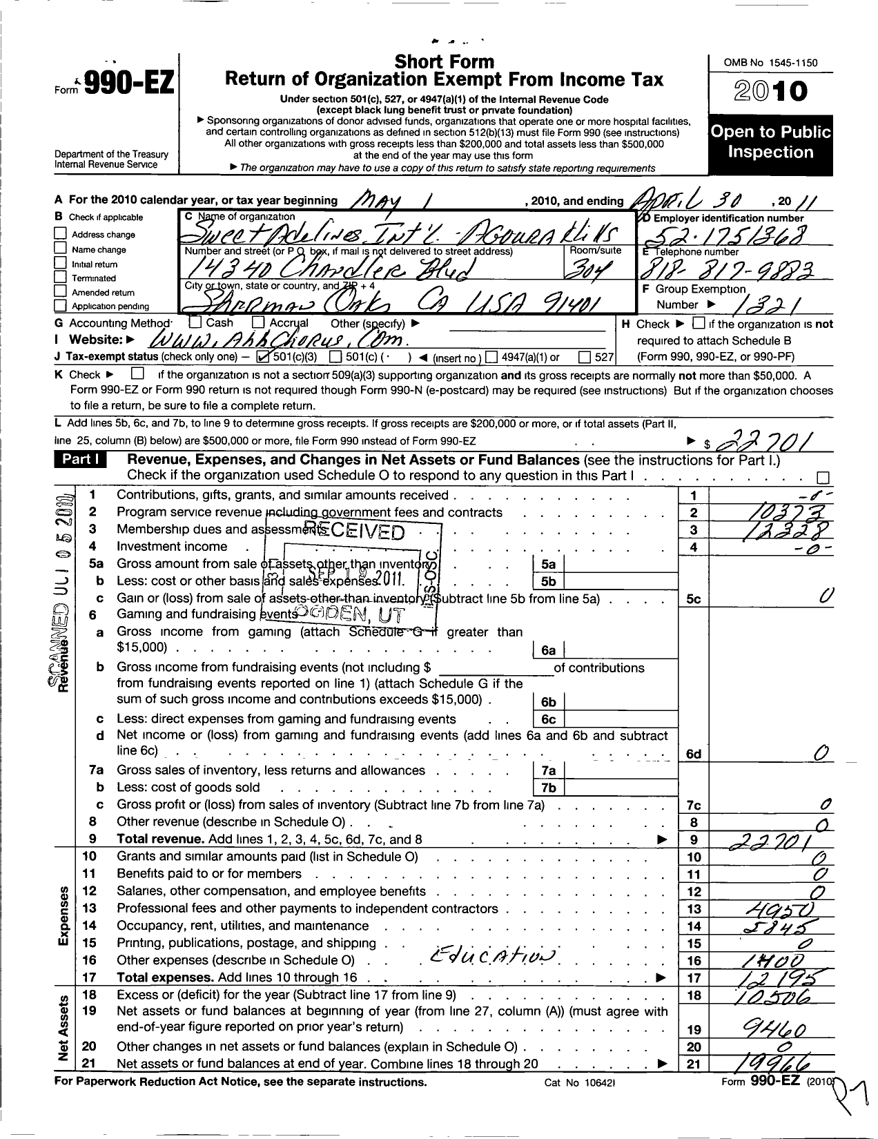 Image of first page of 2010 Form 990EZ for Sweet Adelines International - Agoura Hills Harmony