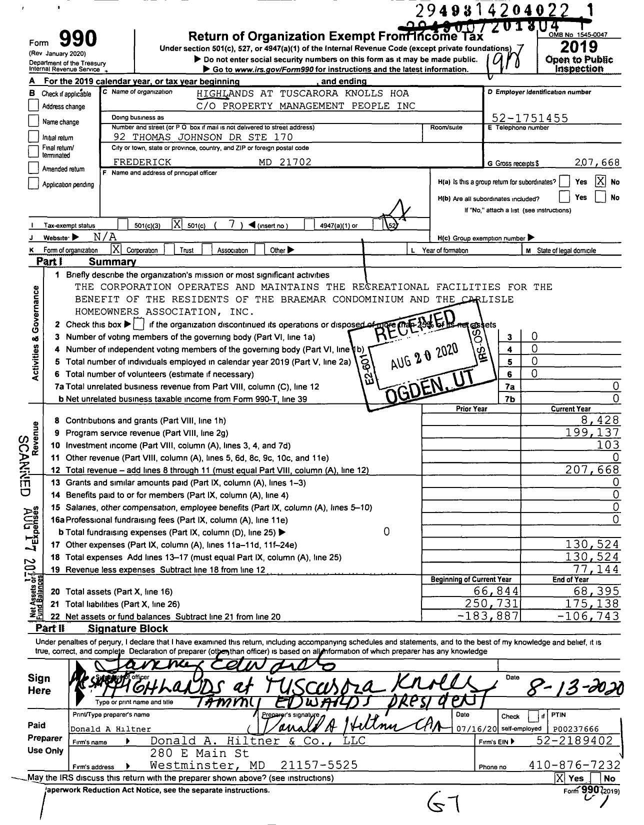 Image of first page of 2019 Form 990O for The Highlands at Tuscarora Knolls Homeowners Association