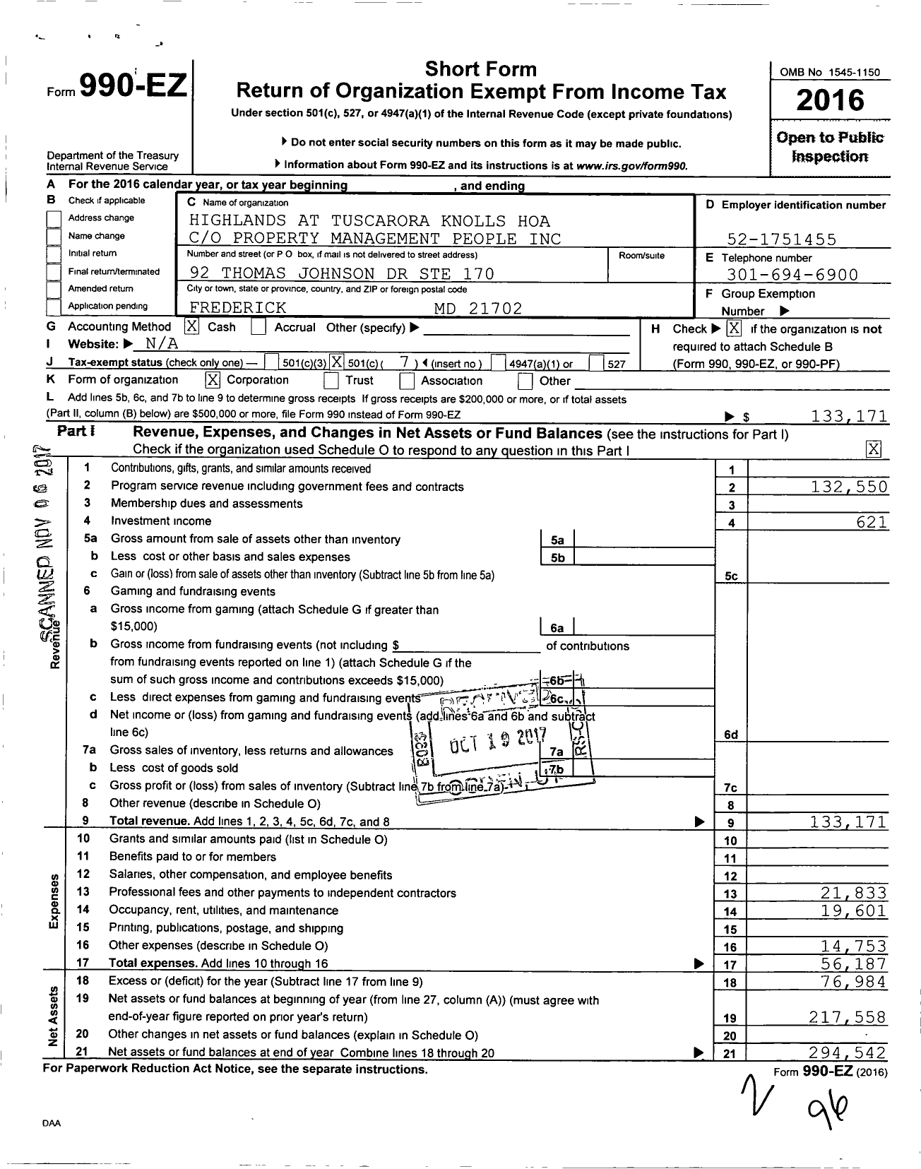 Image of first page of 2016 Form 990EO for The Highlands at Tuscarora Knolls Homeowners Association