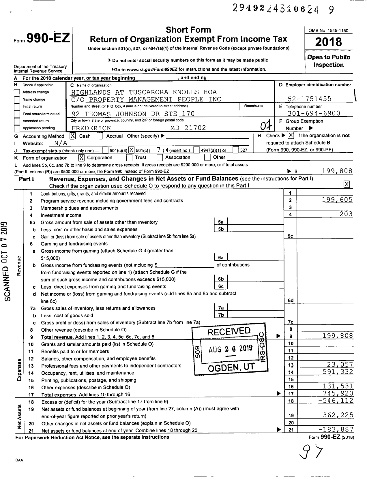 Image of first page of 2018 Form 990EO for The Highlands at Tuscarora Knolls Homeowners Association