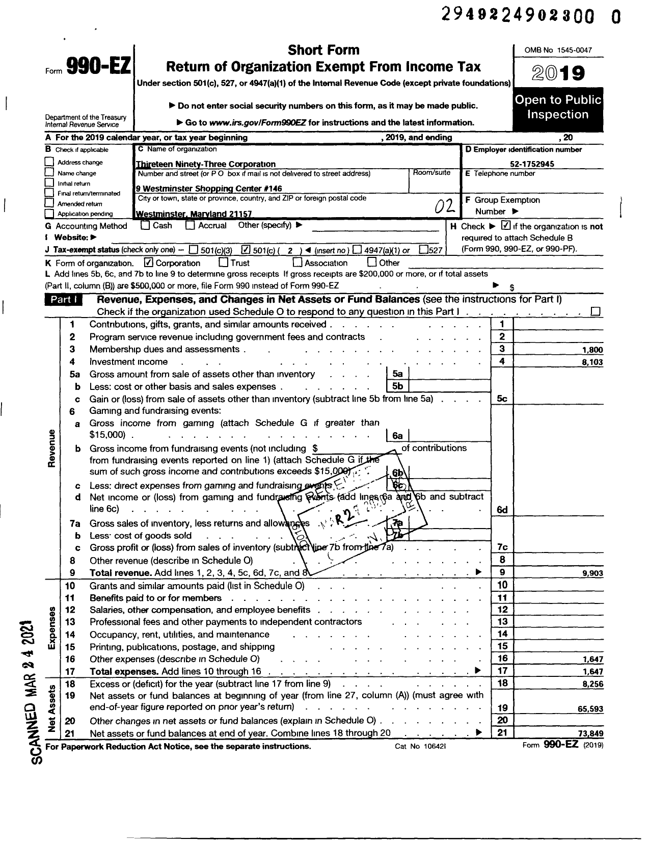 Image of first page of 2019 Form 990EO for Thirteen Ninety-Three Corporation