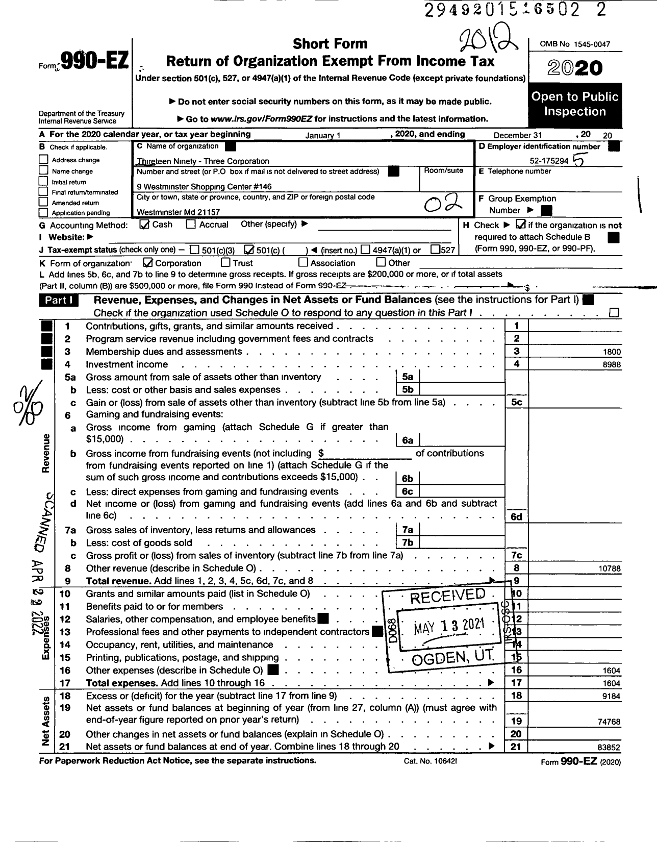 Image of first page of 2020 Form 990EO for Thirteen Ninety-Three Corporation