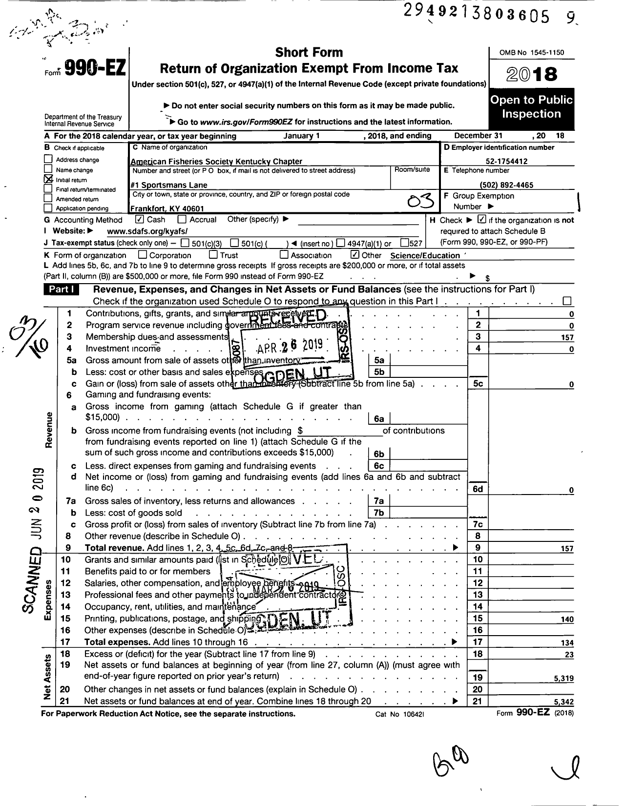 Image of first page of 2018 Form 990EZ for American Fisheries Society / Kentucky Chapter