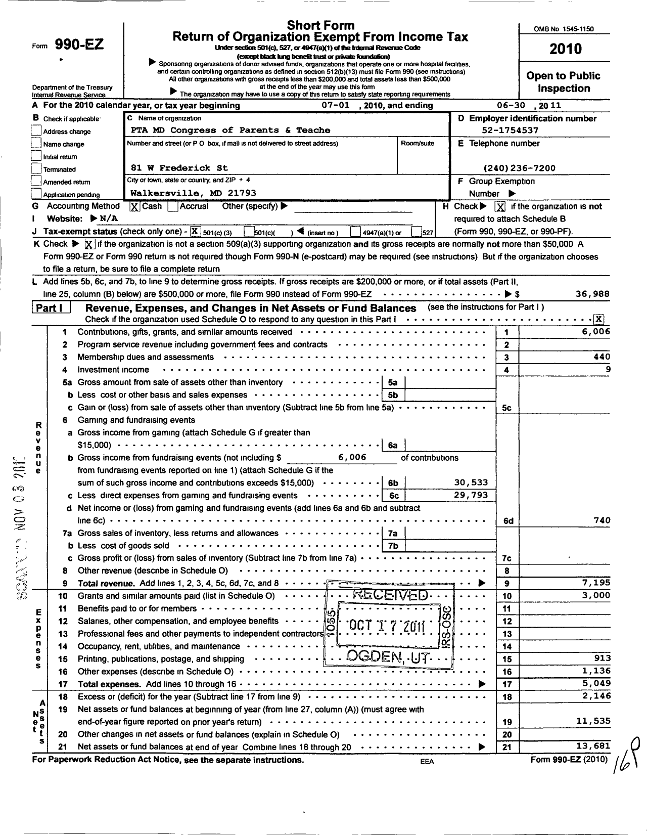 Image of first page of 2010 Form 990EZ for PTA Delaware Congress / Walkersville High School Ptsa