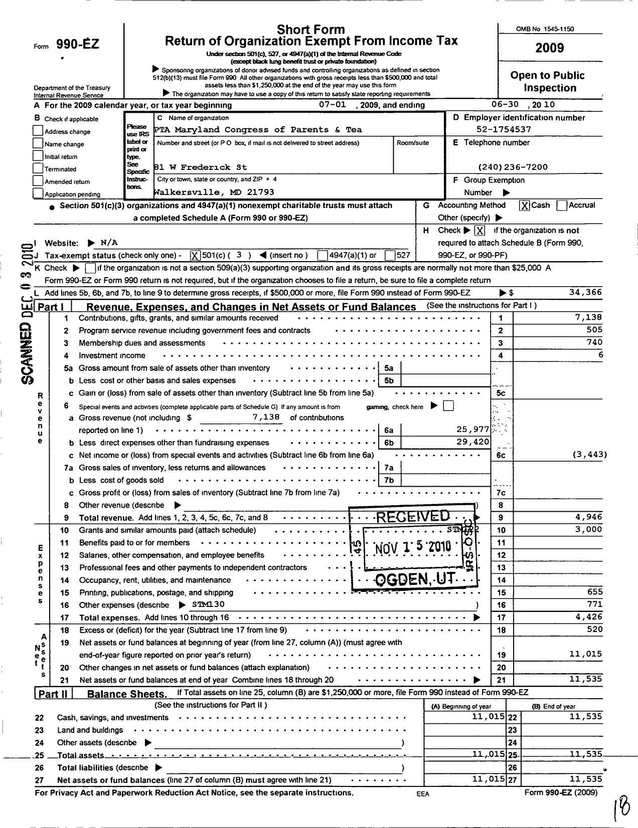 Image of first page of 2009 Form 990EZ for PTA Delaware Congress / Walkersville High School Ptsa