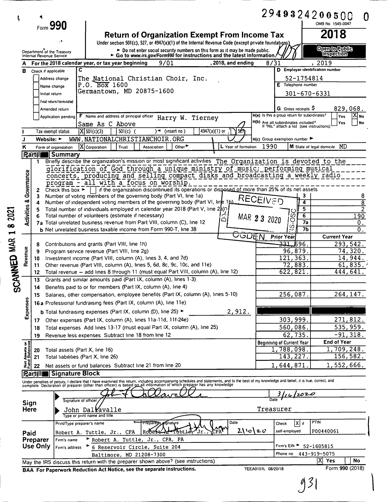 Image of first page of 2018 Form 990 for The National Christian Choir