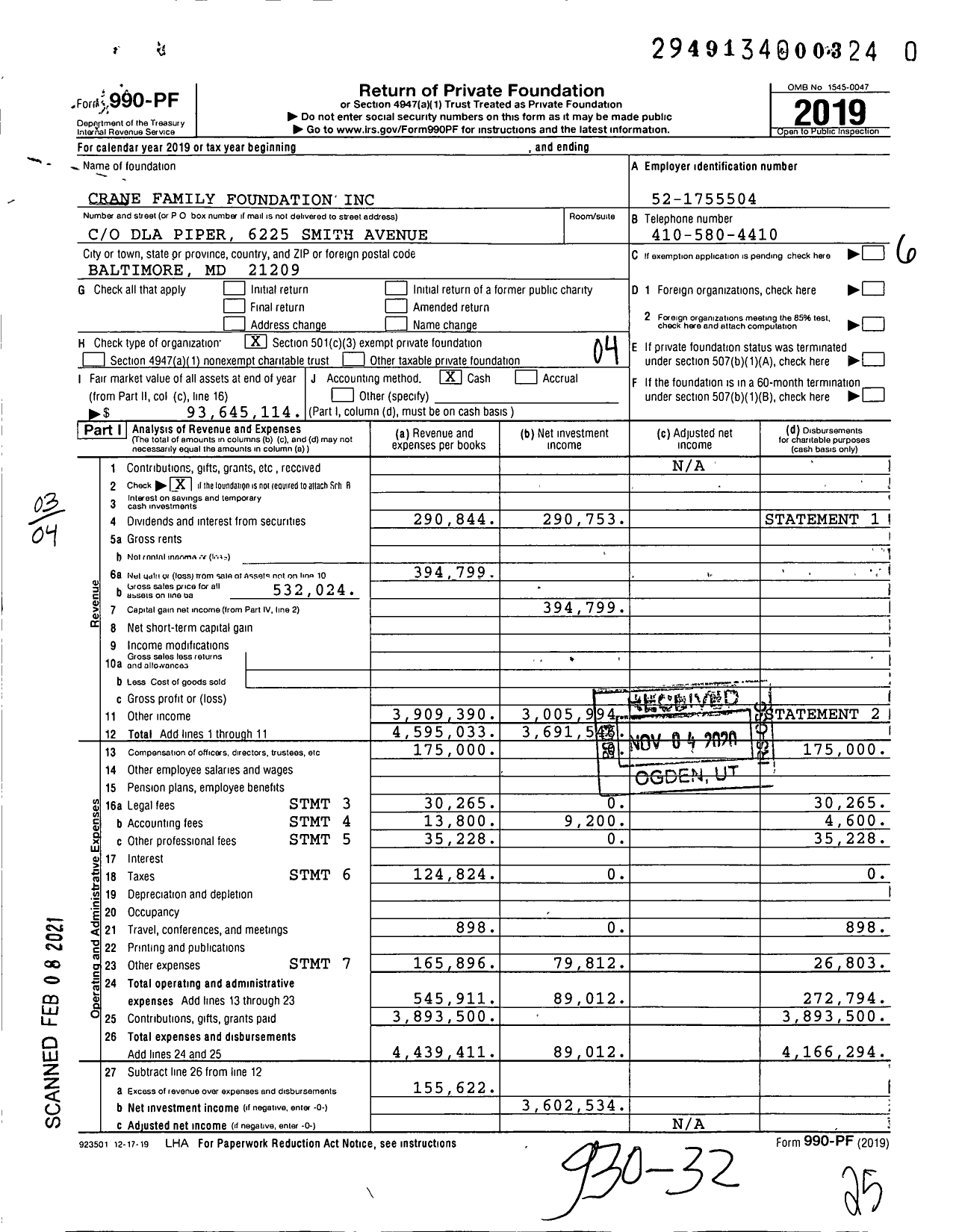 Image of first page of 2019 Form 990PF for Crane Family Foundation