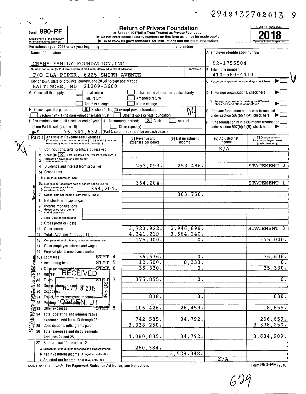 Image of first page of 2018 Form 990PF for Crane Family Foundation