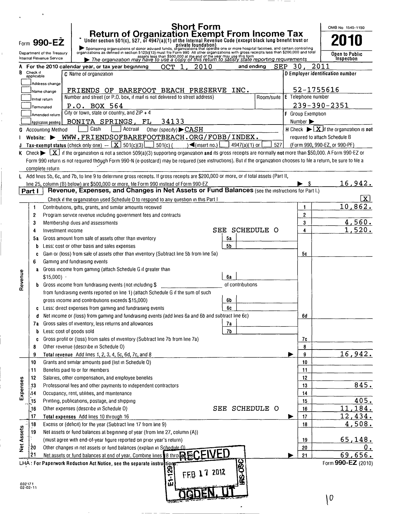 Image of first page of 2010 Form 990EZ for Friends of Barefoot Beach Preserve Incorporated