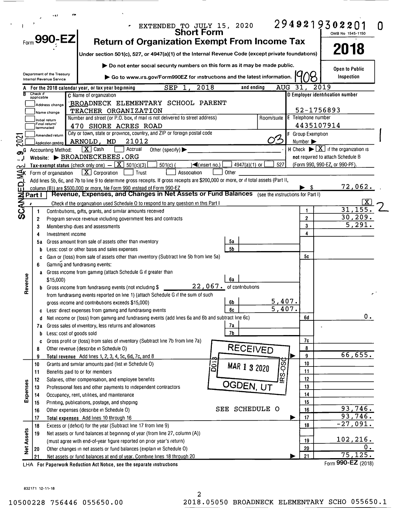 Image of first page of 2018 Form 990EZ for Broadneck Elementary School Parent Teacher Organization