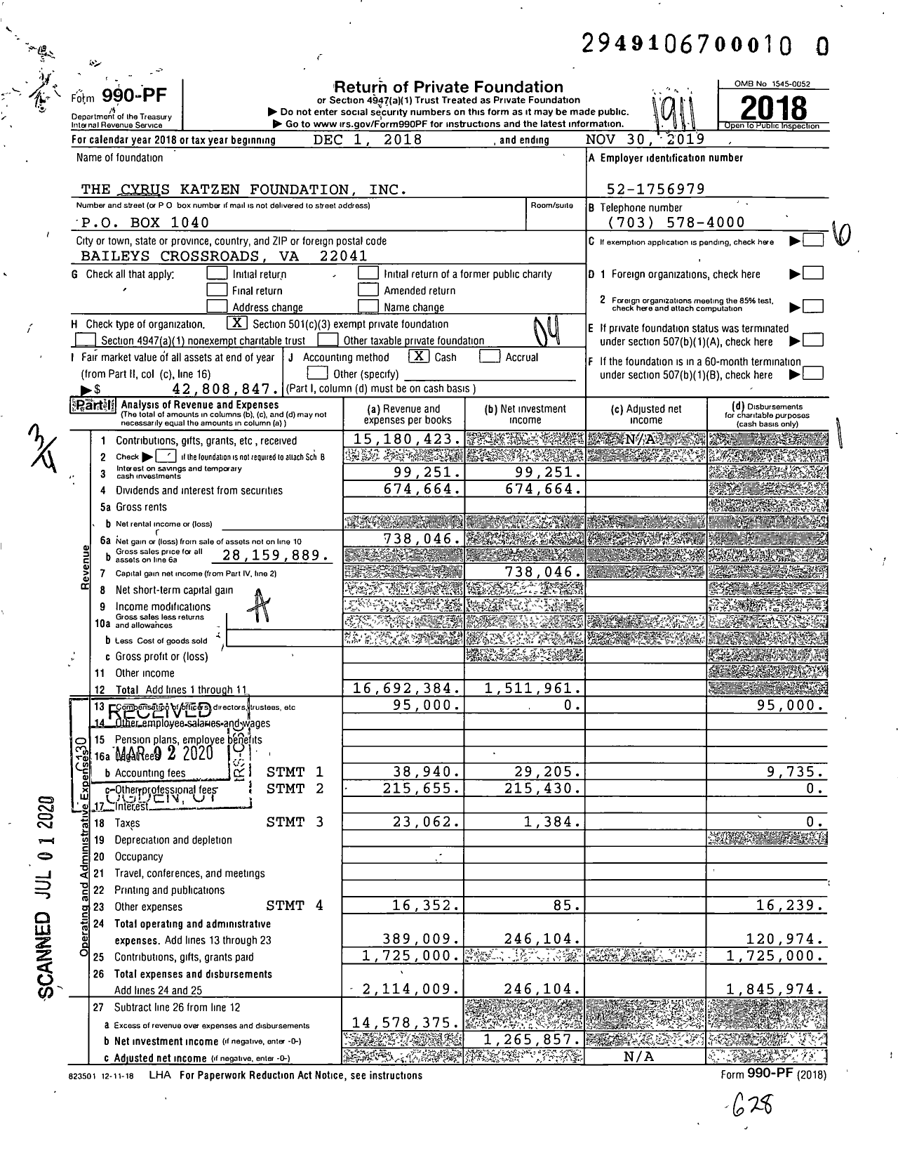 Image of first page of 2018 Form 990PR for Cyrus Katzen Foundation