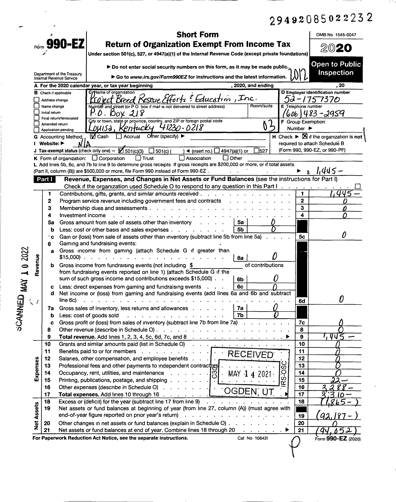 Image of first page of 2020 Form 990EZ for Project Breed Rescue Efforts and Education