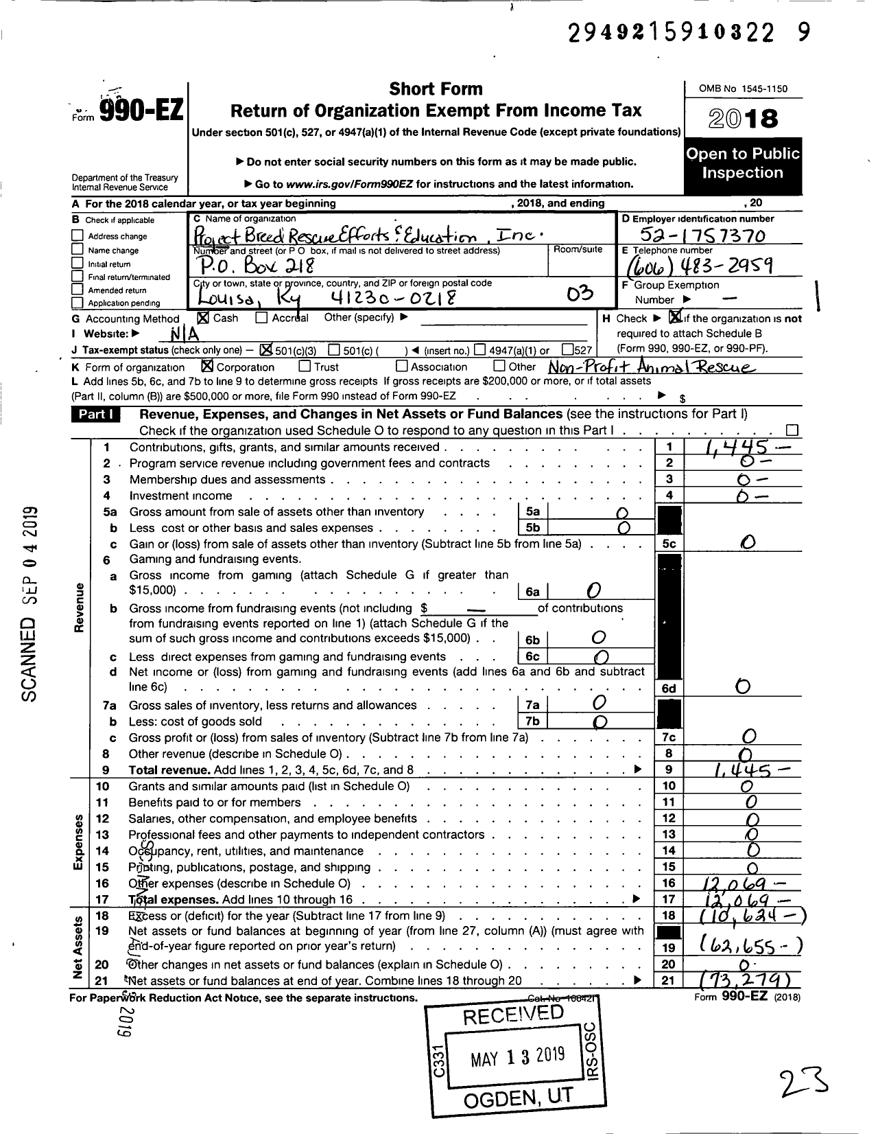 Image of first page of 2018 Form 990EZ for Project Breed Rescue Efforts and Education