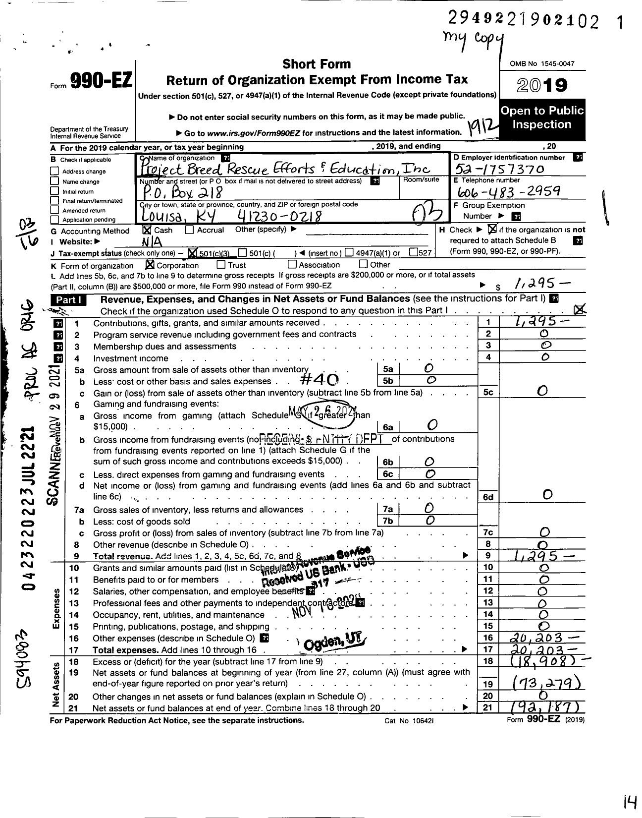 Image of first page of 2019 Form 990EZ for Project Breed Rescue Efforts and Education