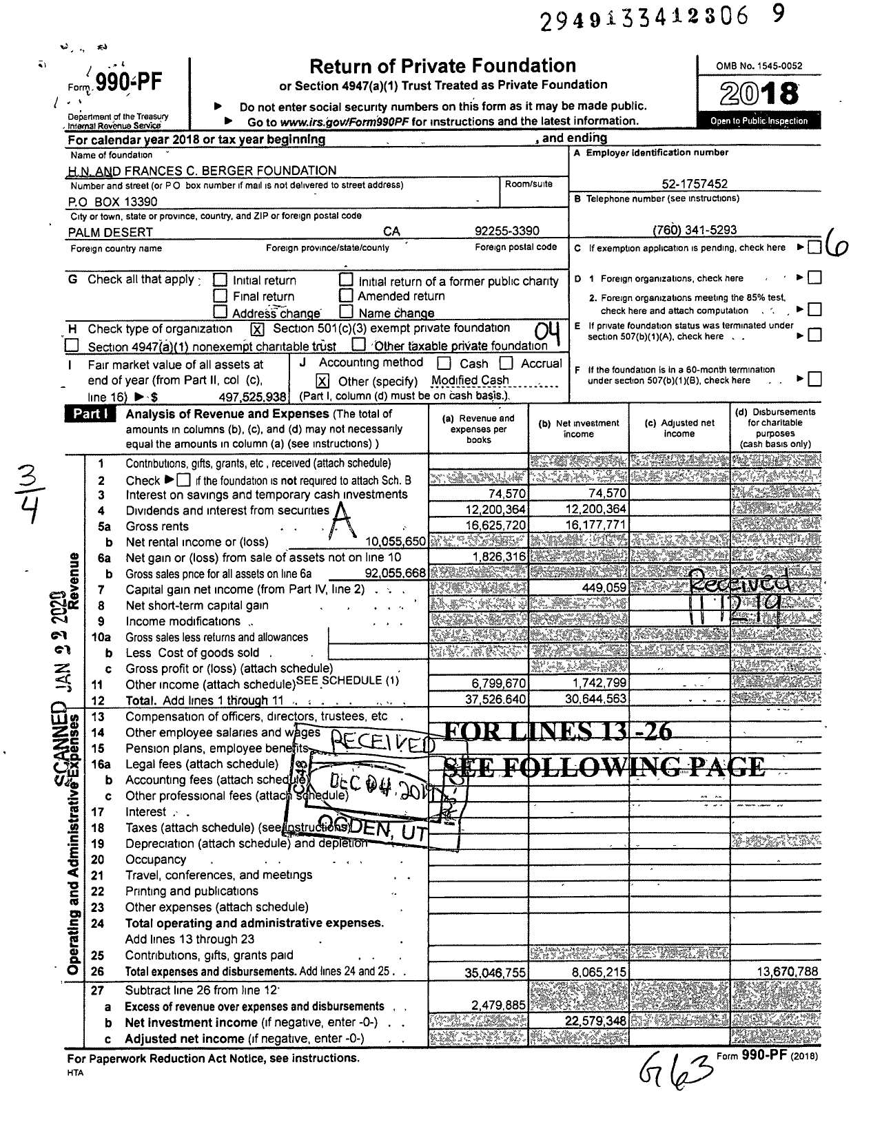 Image of first page of 2018 Form 990PF for HN and Frances C Berger Foundation