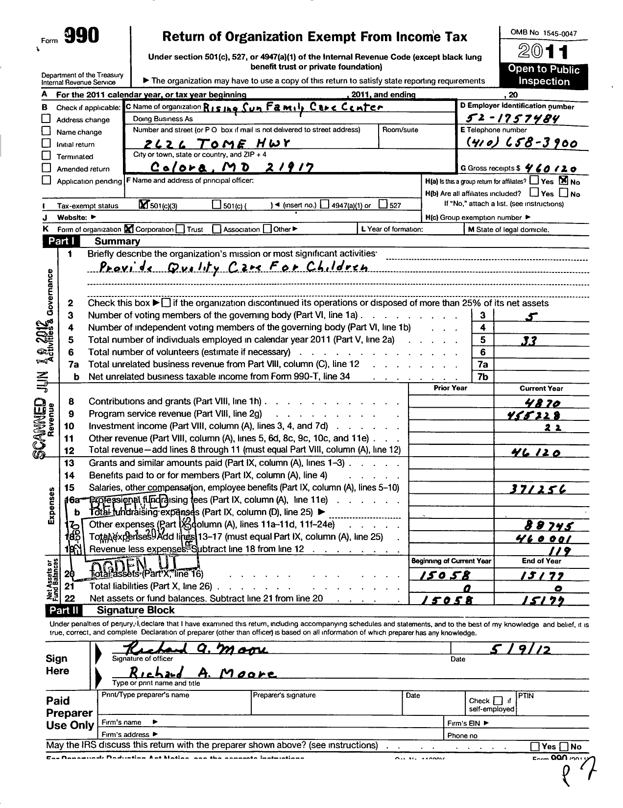 Image of first page of 2011 Form 990 for Rising Sun Familycare Center