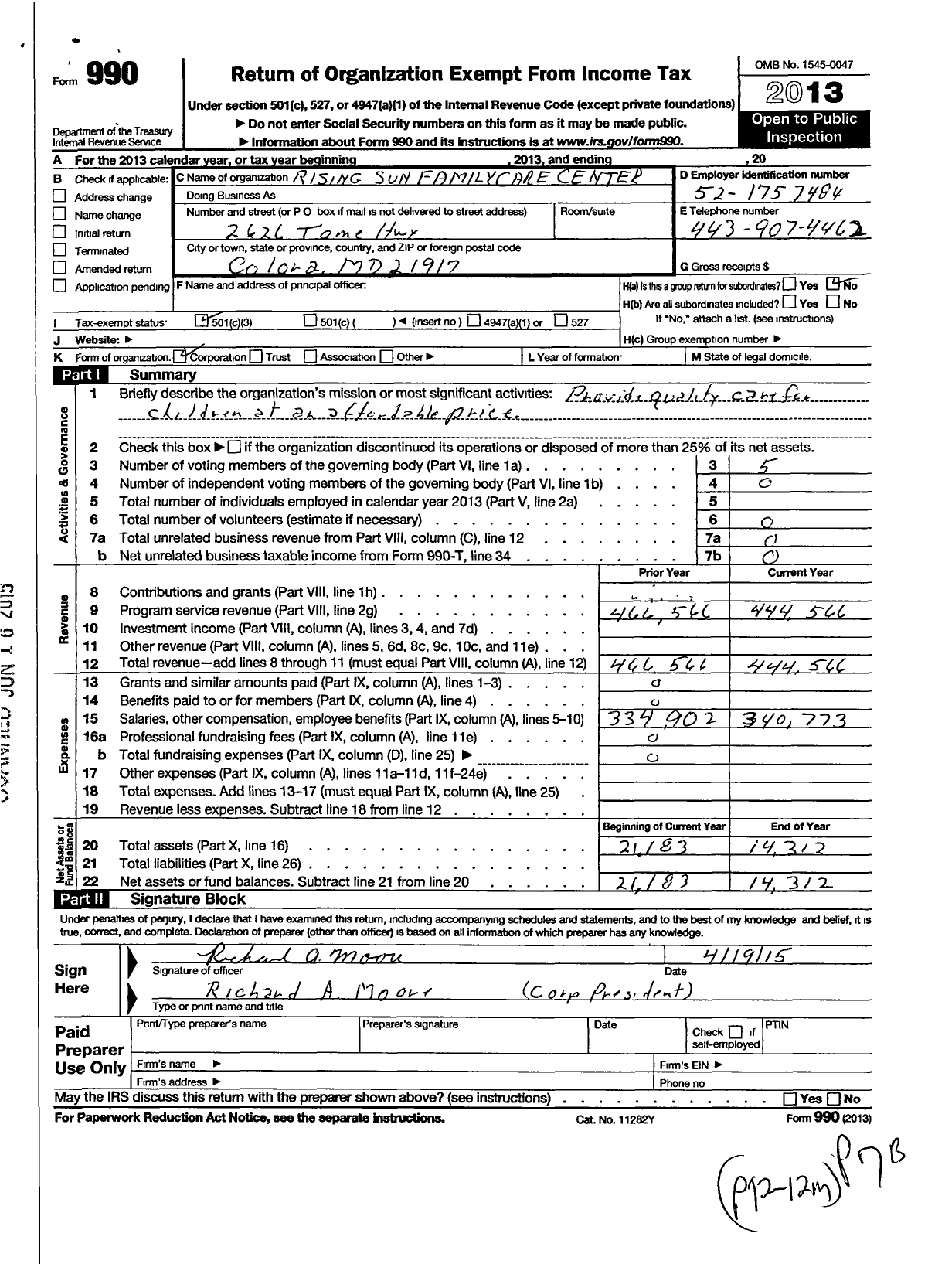 Image of first page of 2013 Form 990 for Rising Sun Familycare Center