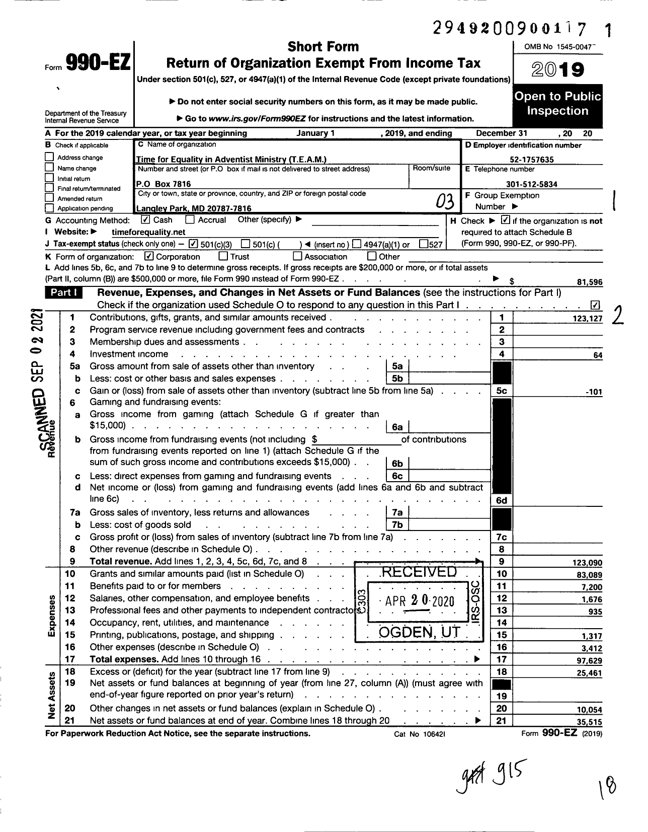 Image of first page of 2019 Form 990EZ for Time for Equality in Adventist Ministry