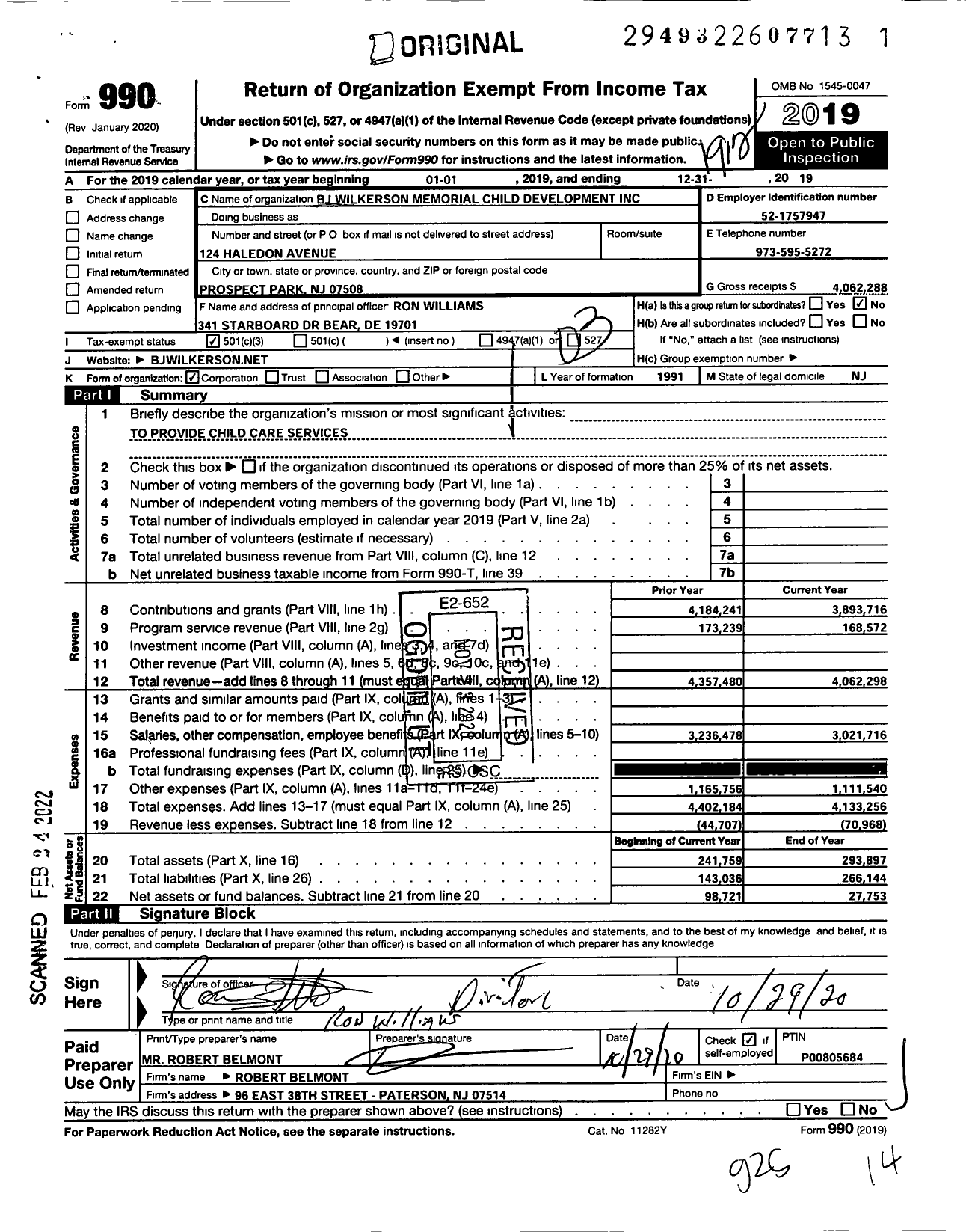 Image of first page of 2019 Form 990 for B J Wilkerson Memorial Child Development Center