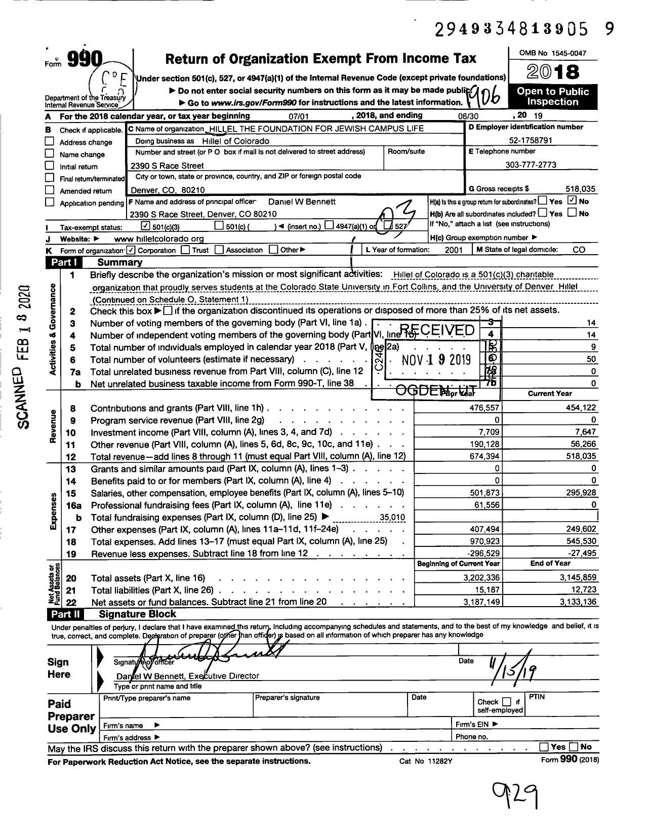 Image of first page of 2018 Form 990 for Hillel of Colorado