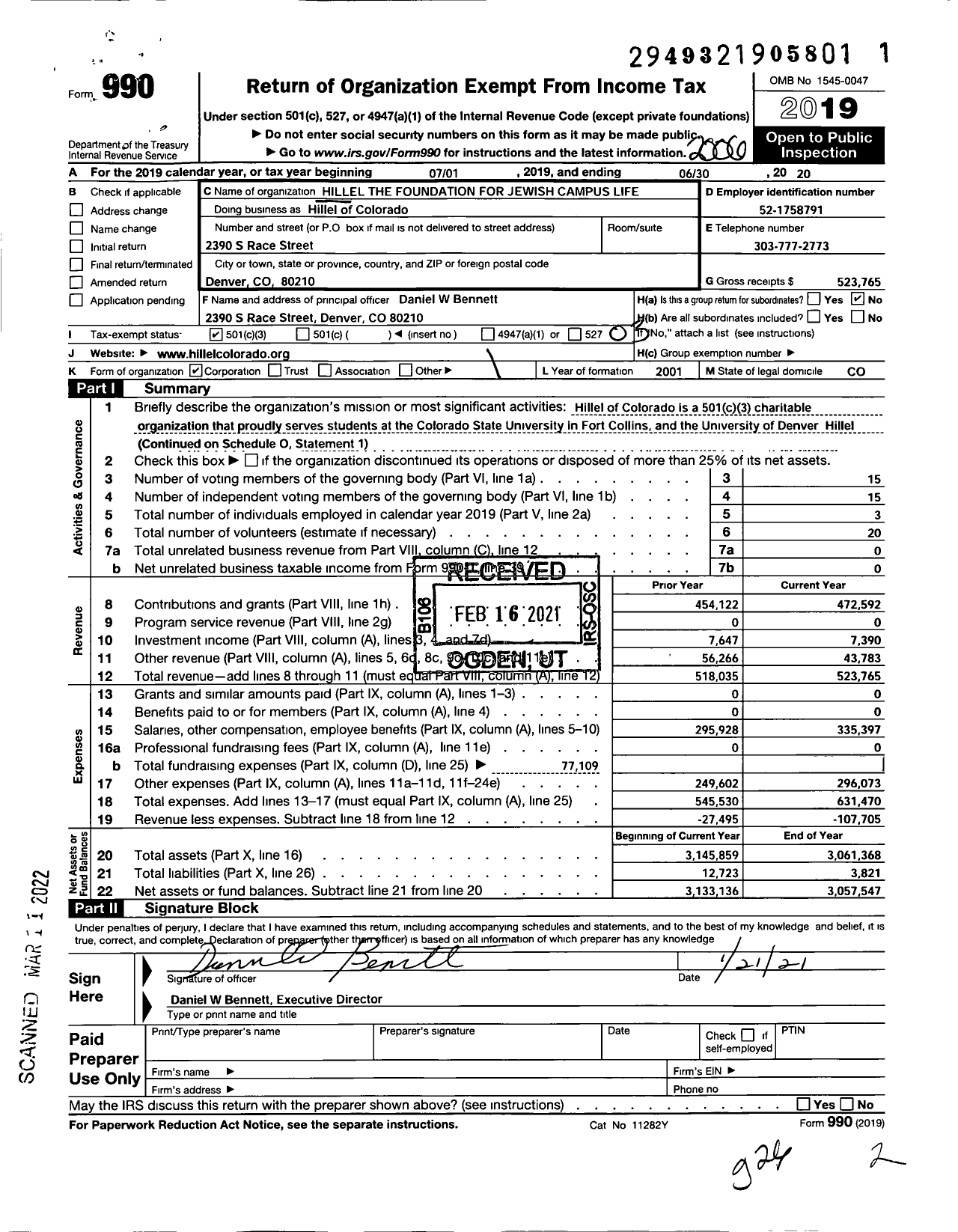 Image of first page of 2019 Form 990 for Hillel of Colorado