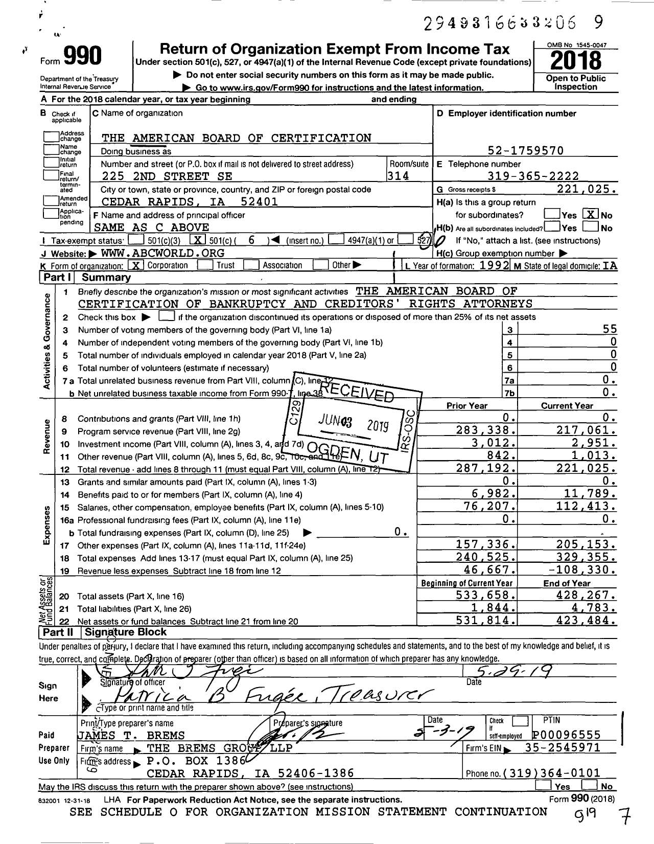 Image of first page of 2018 Form 990O for The American Board of Certification