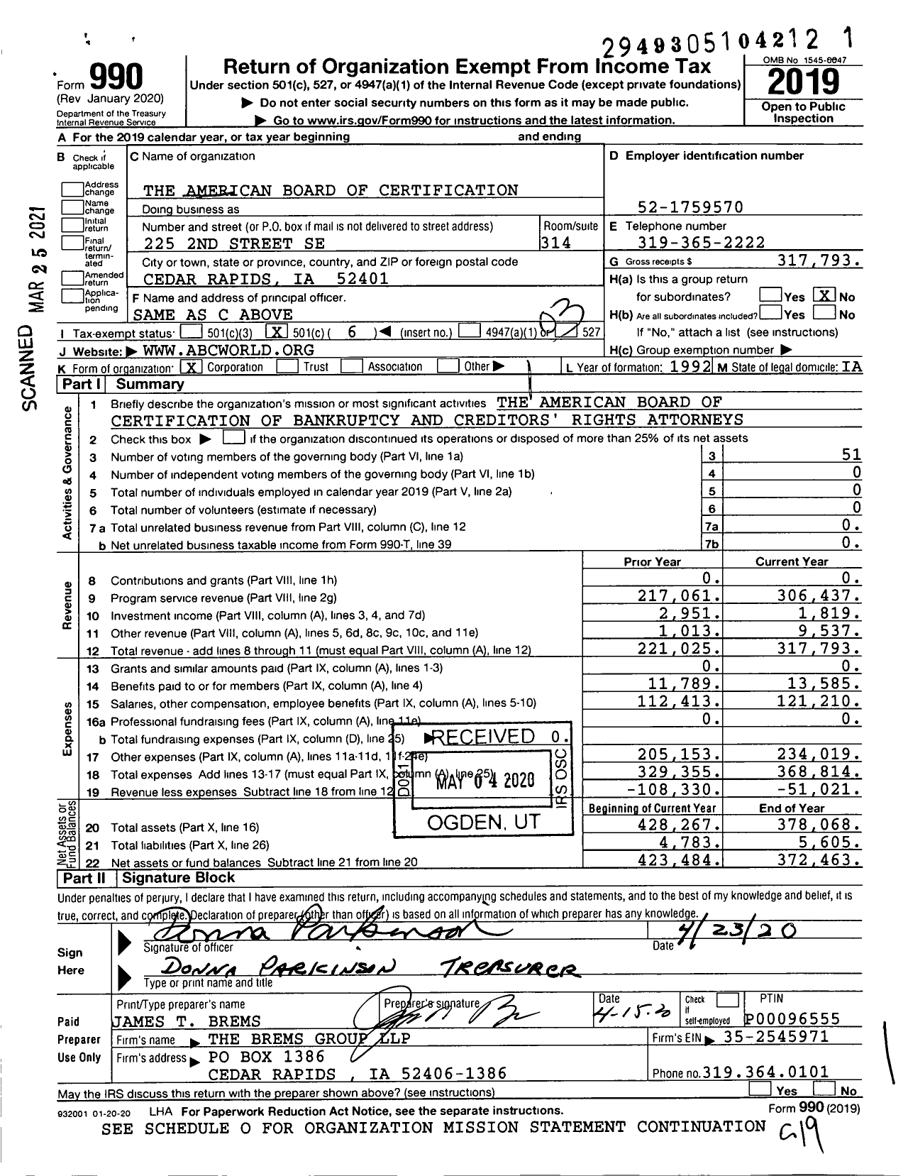 Image of first page of 2019 Form 990 for The American Board of Certification