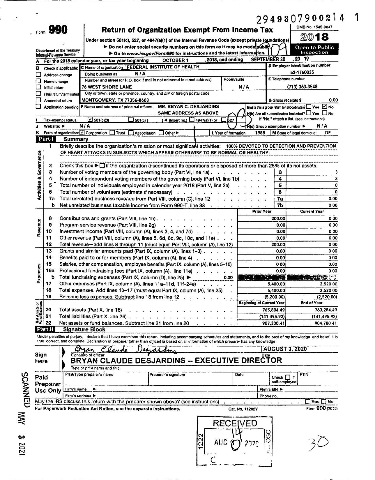 Image of first page of 2018 Form 990 for Federal Institute of Health