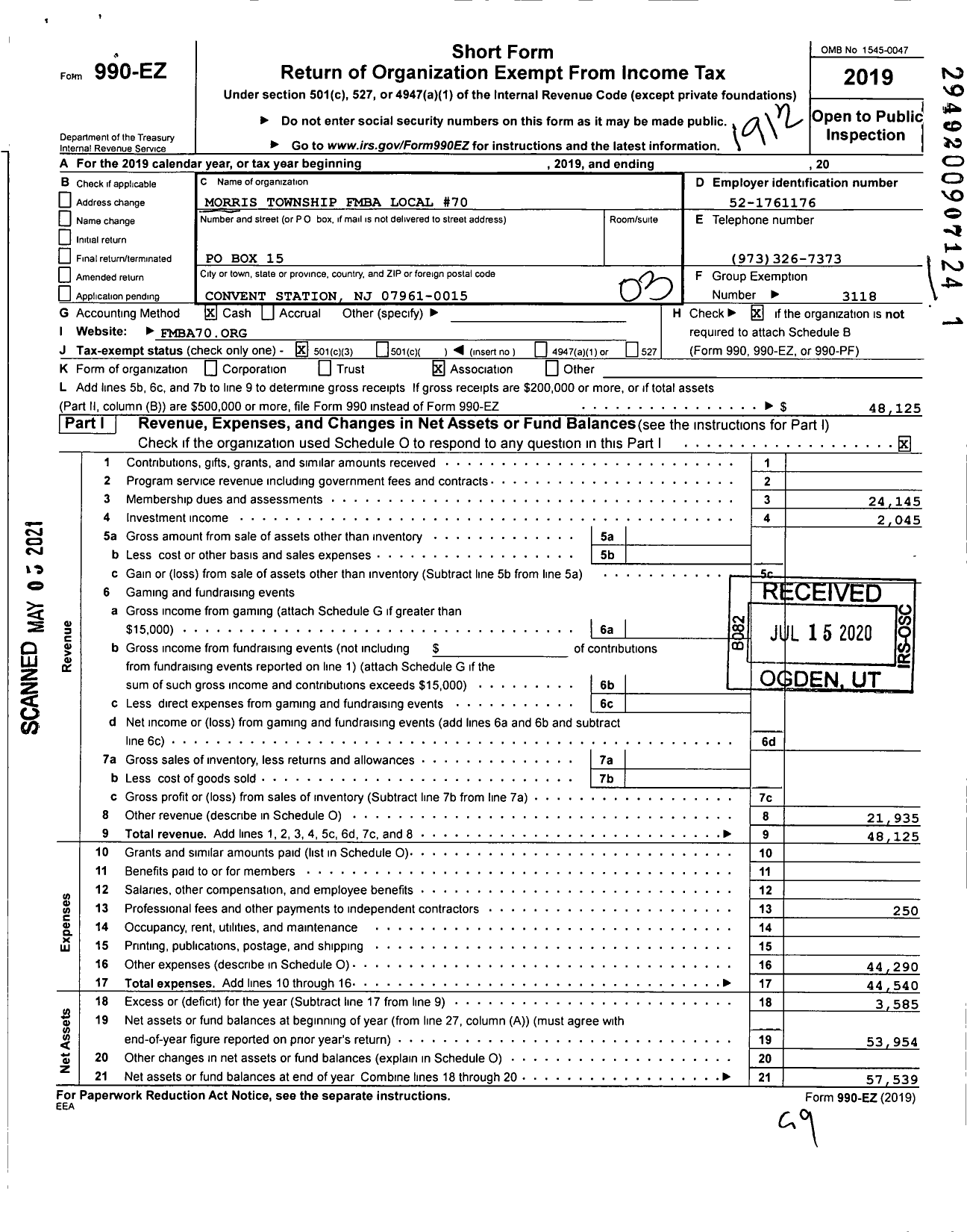 Image of first page of 2019 Form 990EZ for New Jersey State Firemens Mutual Benevolent Association - 70 Local Morris TWP